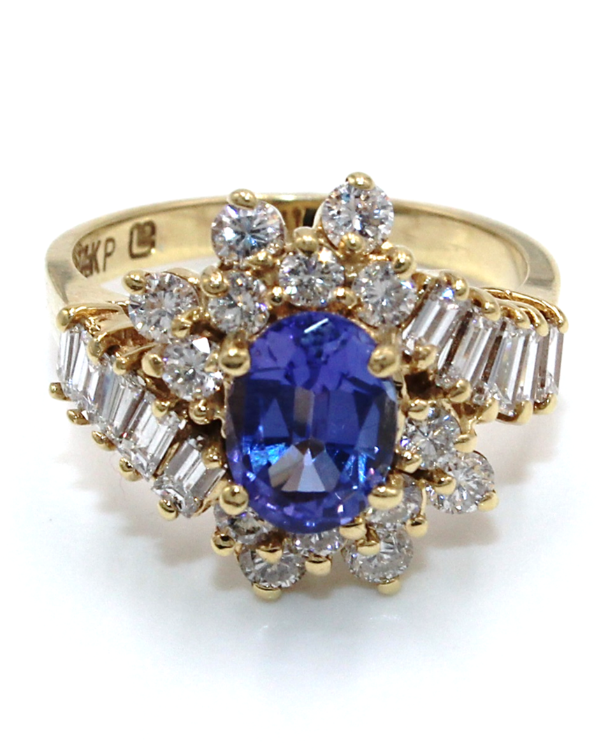 Vintage Oval Tanzanite Ring with Round and Baguette Diamonds Set in 14k Gold