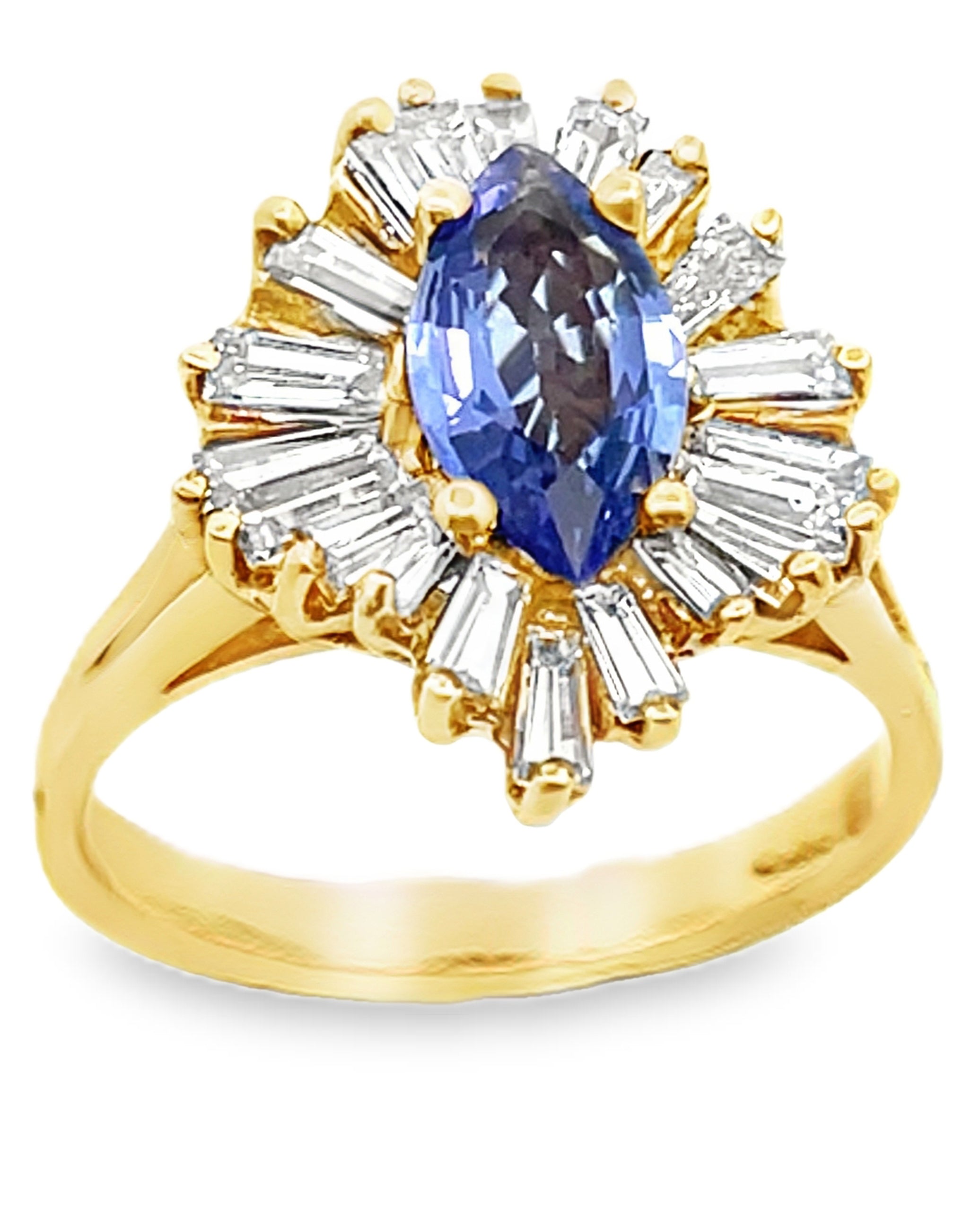Vintage 1.04 Carat Marquise Tanzanite Cocktail Ballerina Ring with 1.34 Carat Baguette Diamonds Set in 18K Yellow Gold