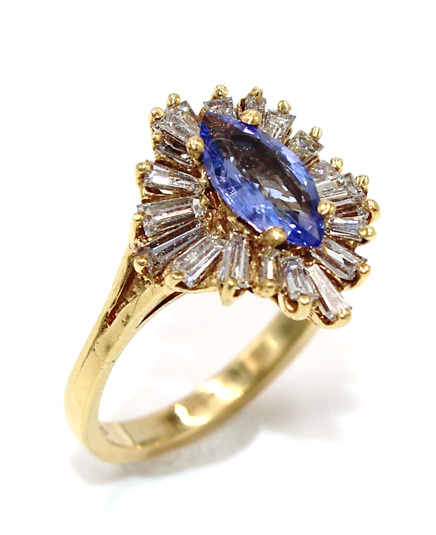 Vintage 1.04 Carat Marquise Tanzanite Ring with 1.34 Carat Baguette Diamonds Set in 18K Yellow Gold