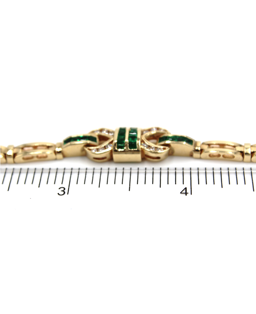 Vintage Emerald Geometric Buckle Diamond Bracelet Set in 14K Gold, Safety Clasp