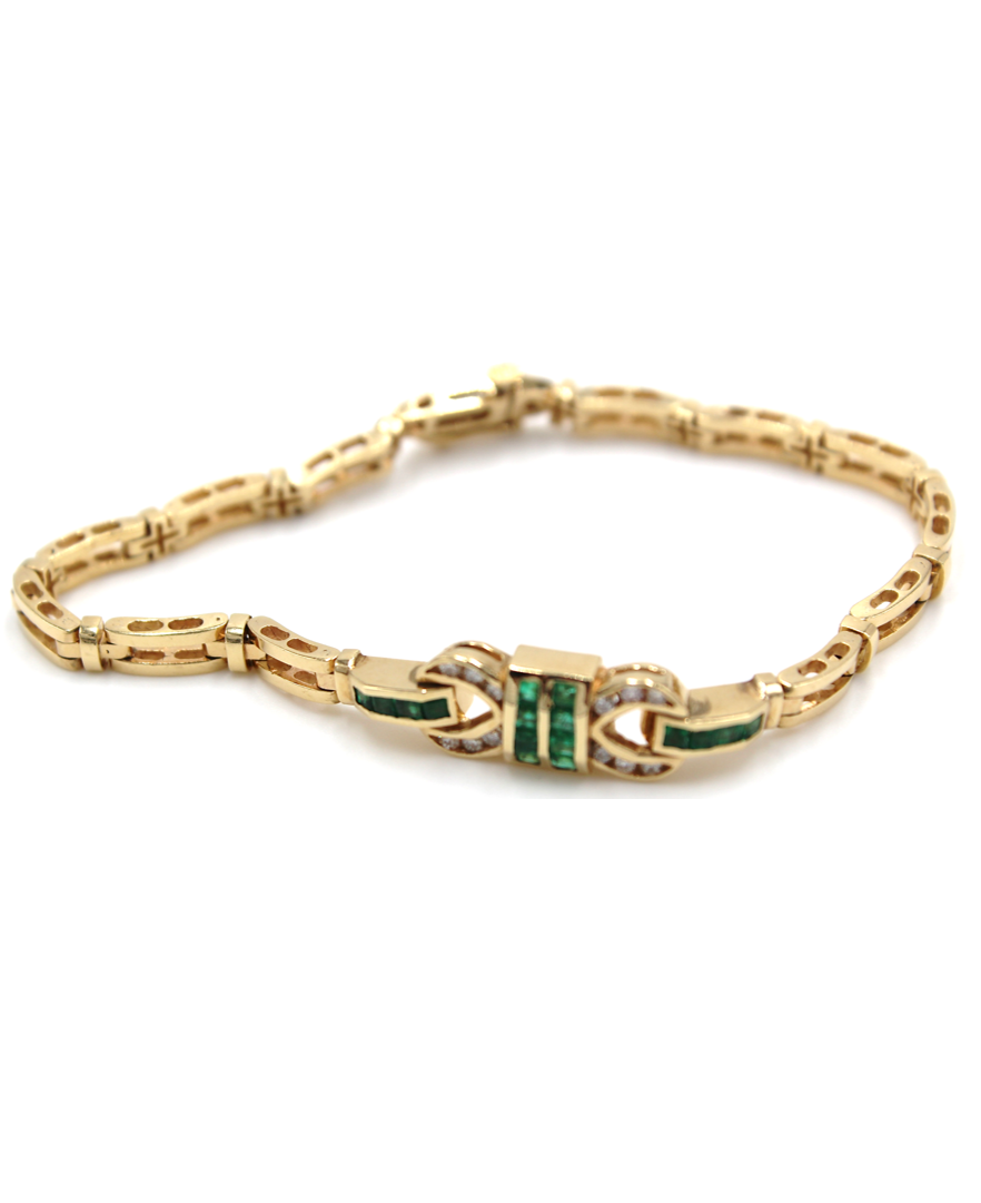 Vintage Emerald Geometric Buckle Diamond Bracelet Set in 14K Yellow Gold, Safety Clasp