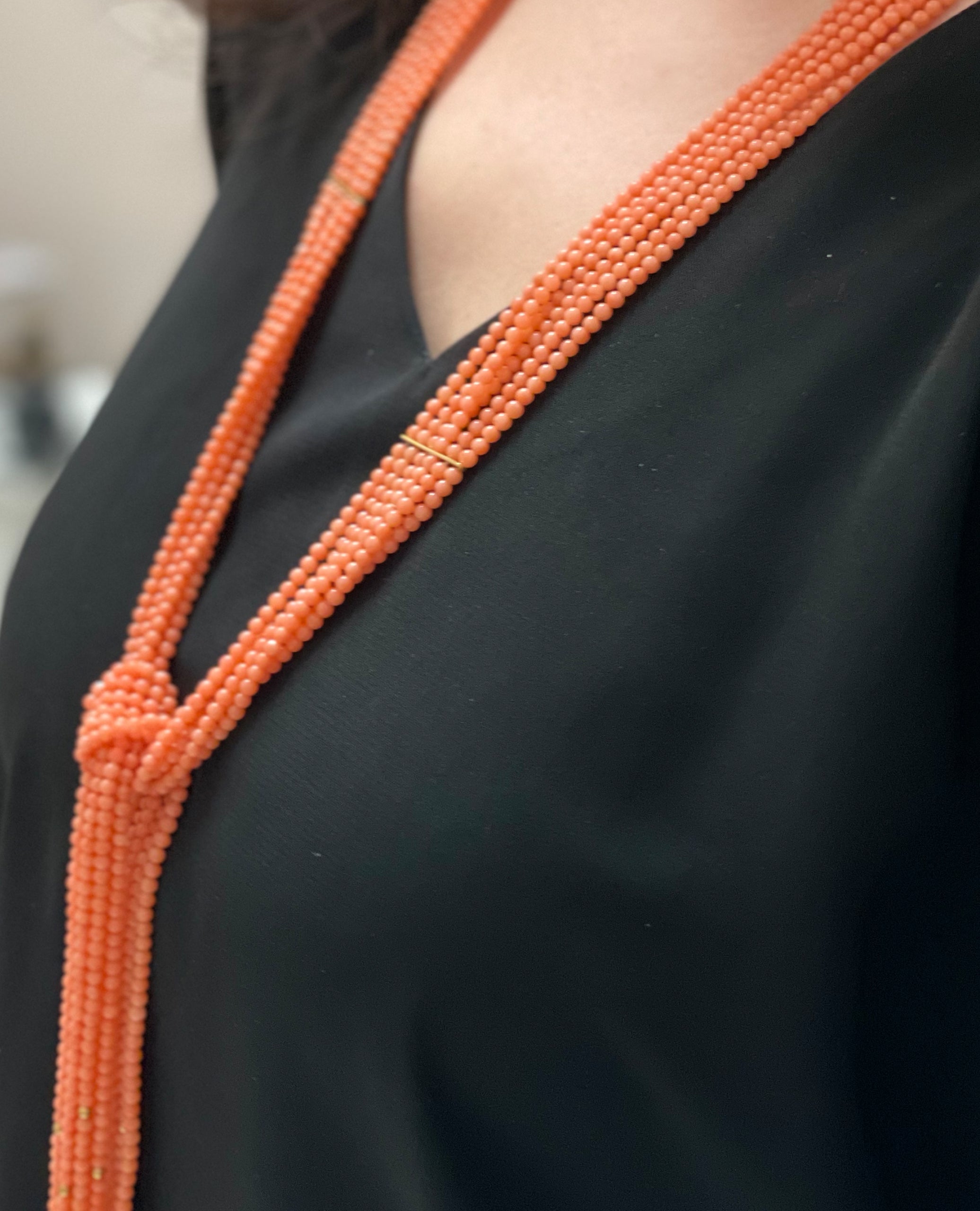 Coral Bead Scarf Necklace with 18K Yellow Gold Beads