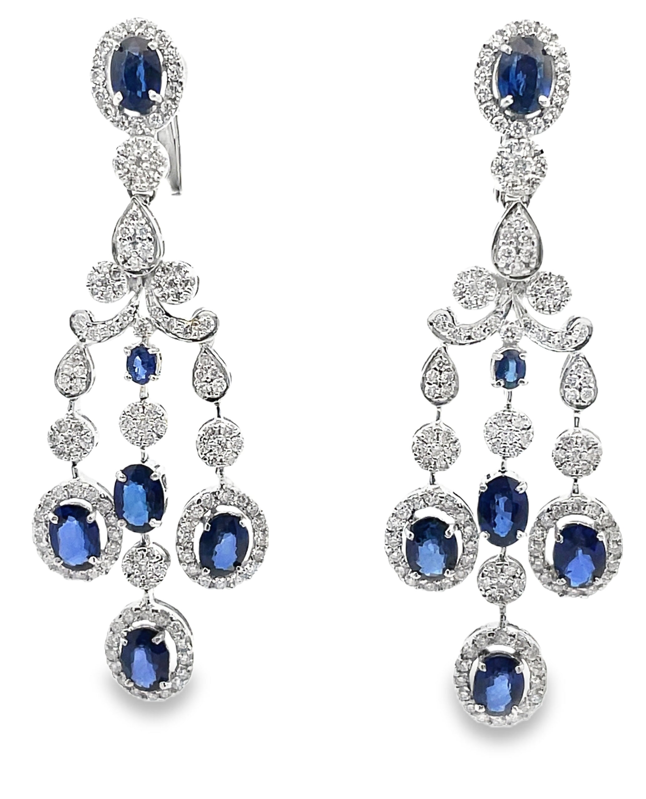 18K White Gold Blue Sapphire and Diamond Chandelier Earrings