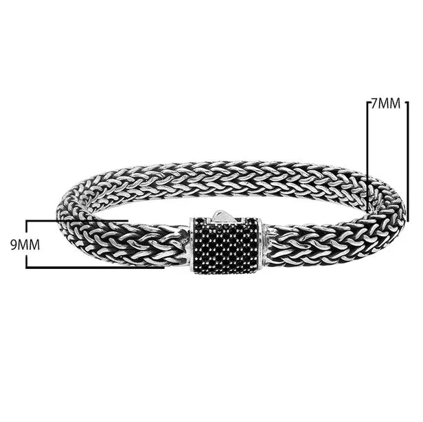 Sterling Silver Thick Tulang Naga Chain Bracelet, 8 Inches with Black Cubic Zirconia Push Clasp