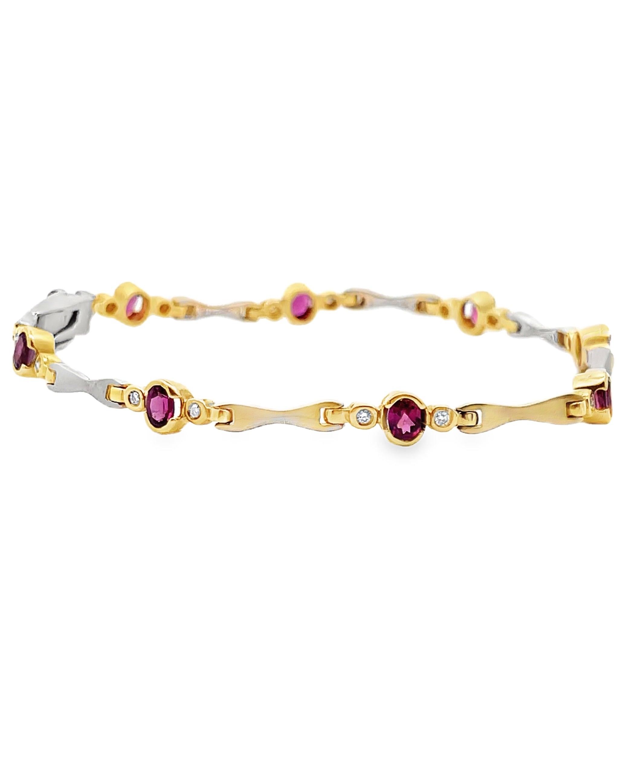 14K Two Tone Gold Bracelet with Round Diamonds and Oval Rhodolite
