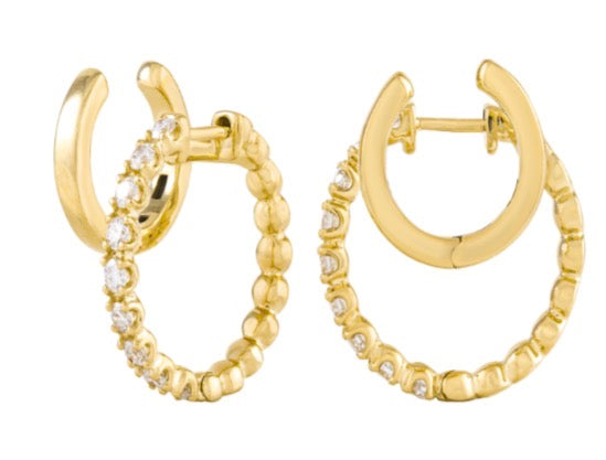 14K Yellow Gold Double Hoop Earrings With Hinged Snap Back Closures And Round Diamonds Totaling 0.39 Carats