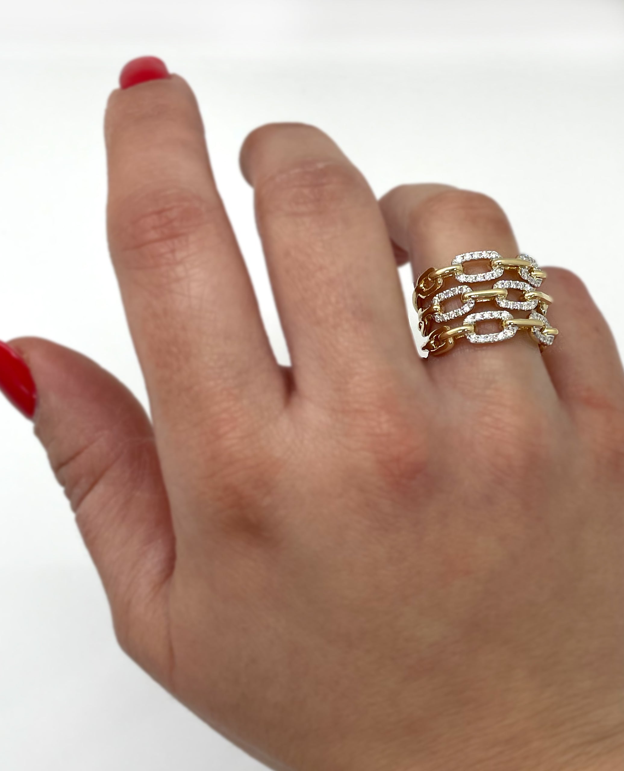 Three Row Paperclip Link Diamond Ring in 14K Yellow Gold