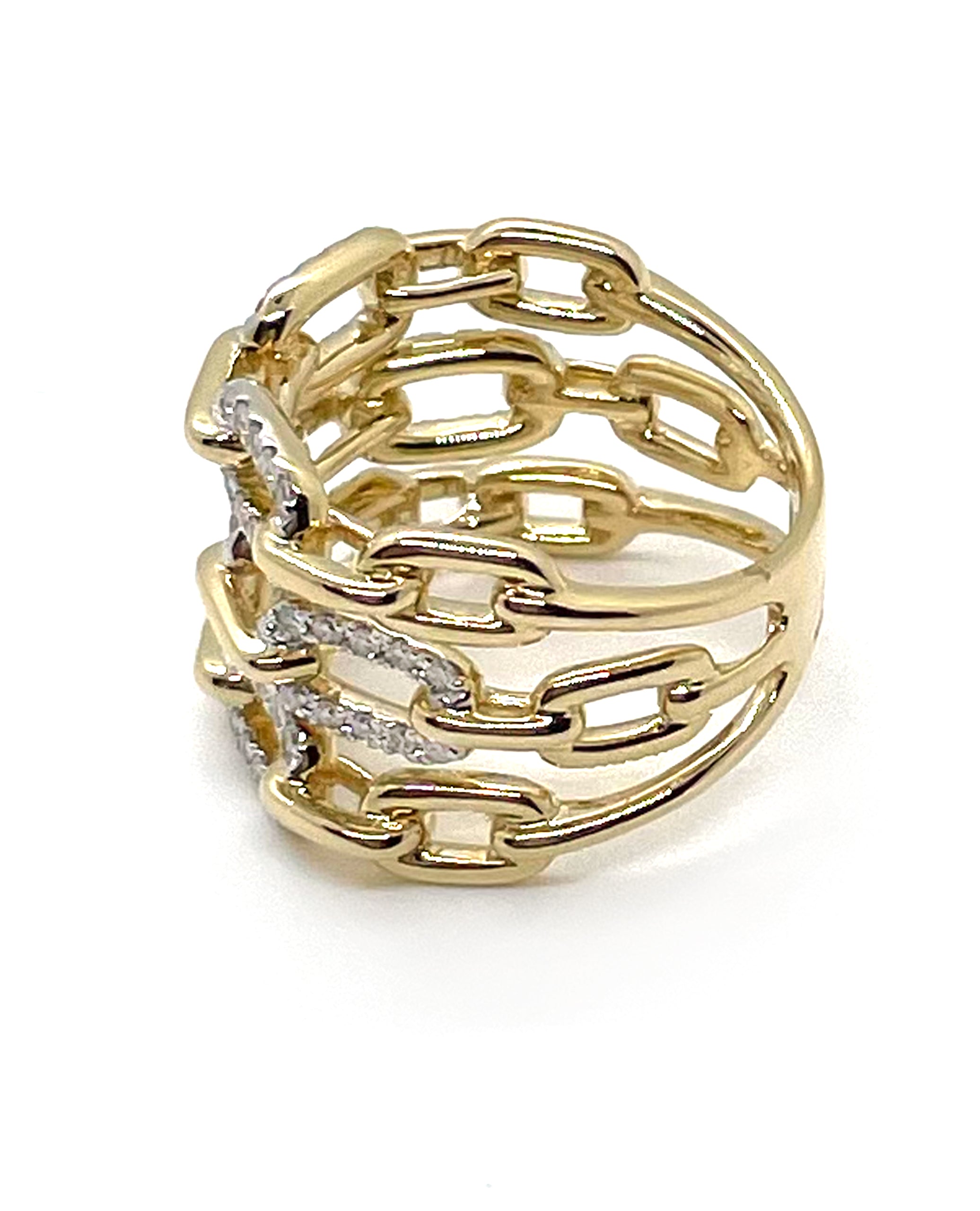 Three Row Paperclip Link Diamond Ring in 14K Yellow Gold