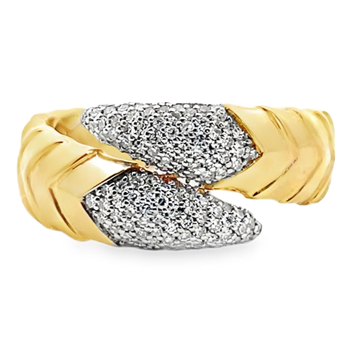 14K Yellow Gold Bypass Ring With Scaled Design, Tapered Ends And Round Diamonds Totaling 0.30 Carats