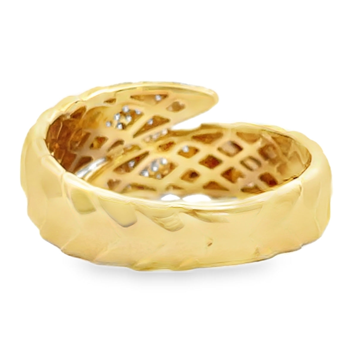 14K Yellow Gold Bypass Ring With Scaled Design, Tapered Ends And Round Diamonds Totaling 0.30 Carats
