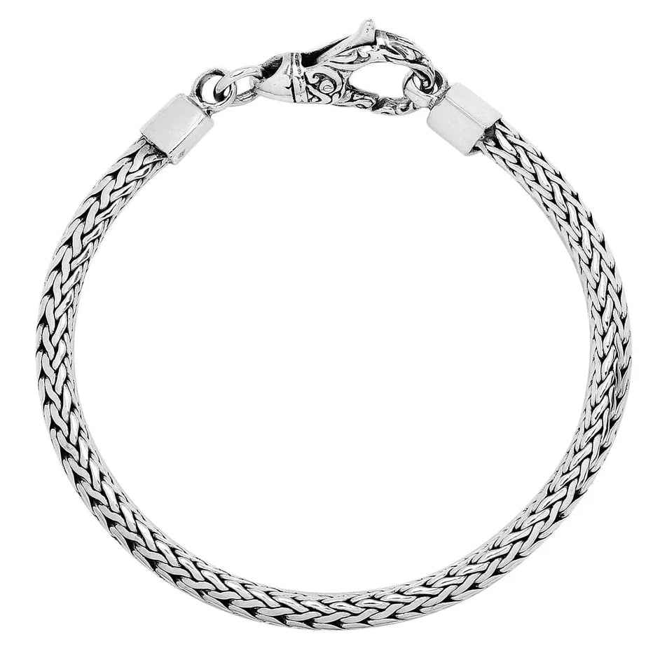Sterling Silver 4mm Balinese Woven Chain Bracelet, 8 inches with Large Lobster Lock