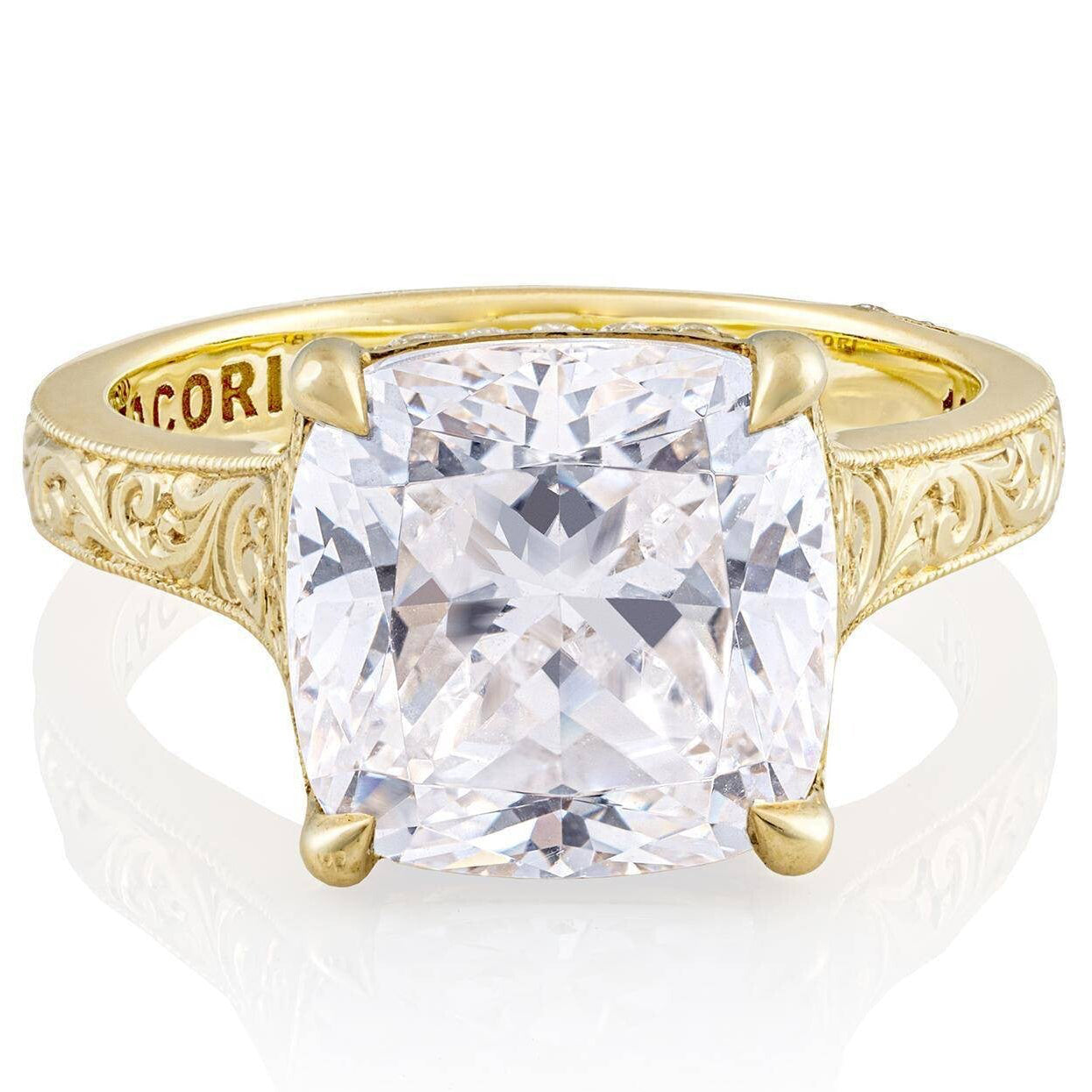 Tacori, Founder's Collection, Scroll Hand Engraved Wide Band Cushion Solitaire Engagement Ring Setting in 18K Yellow Gold