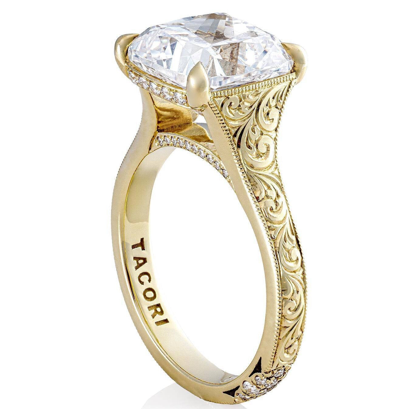 Tacori, Founder's Collection, Scroll Hand Engraved Wide Band Cushion Solitaire Engagement Ring Setting in 18K Yellow Gold