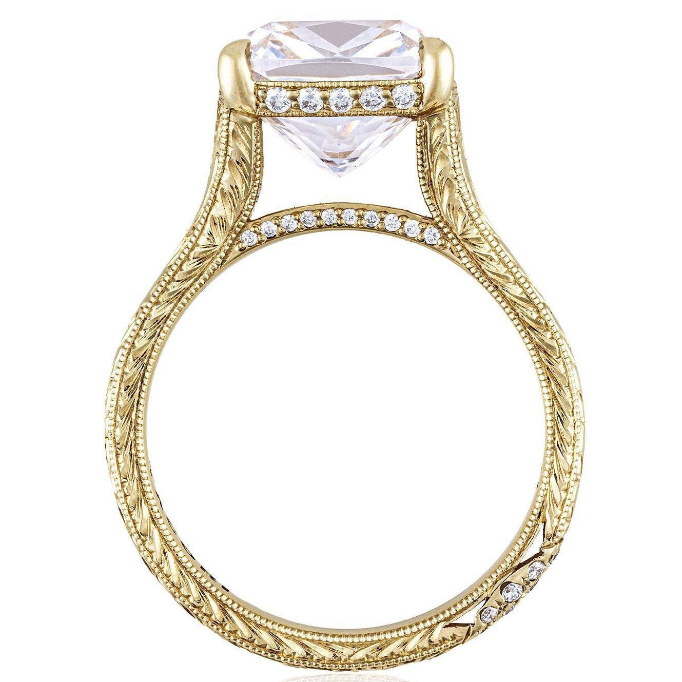 Tacori, Founder's Collection, Wheat Hand Engraved Wide Band Cushion Solitaire Engagement Ring Setting in 18K Yellow Gold