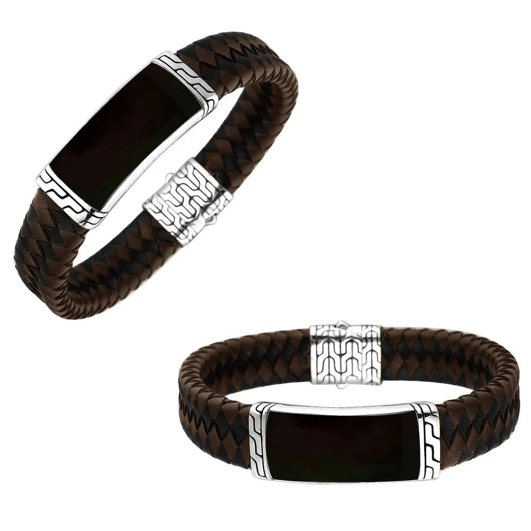 Sterling Silver Handcrafted Bracelet, 8 inches with Black Shell Inlay and Mix Leather (Brown and Black) Band