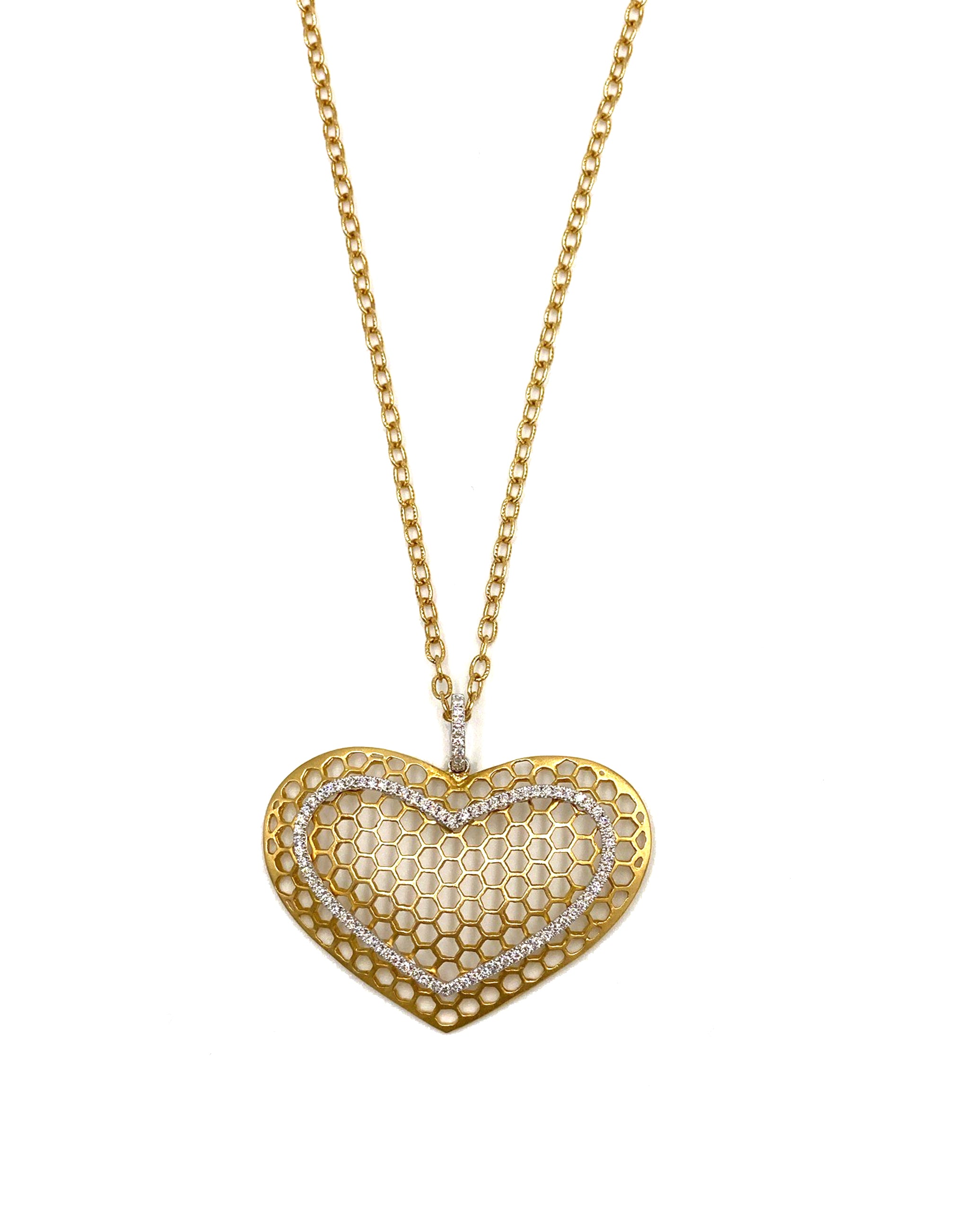 Honeycomb Heart Necklace with Matte Finish and Pave 0.30 Carats Diamonds in 18K Yellow