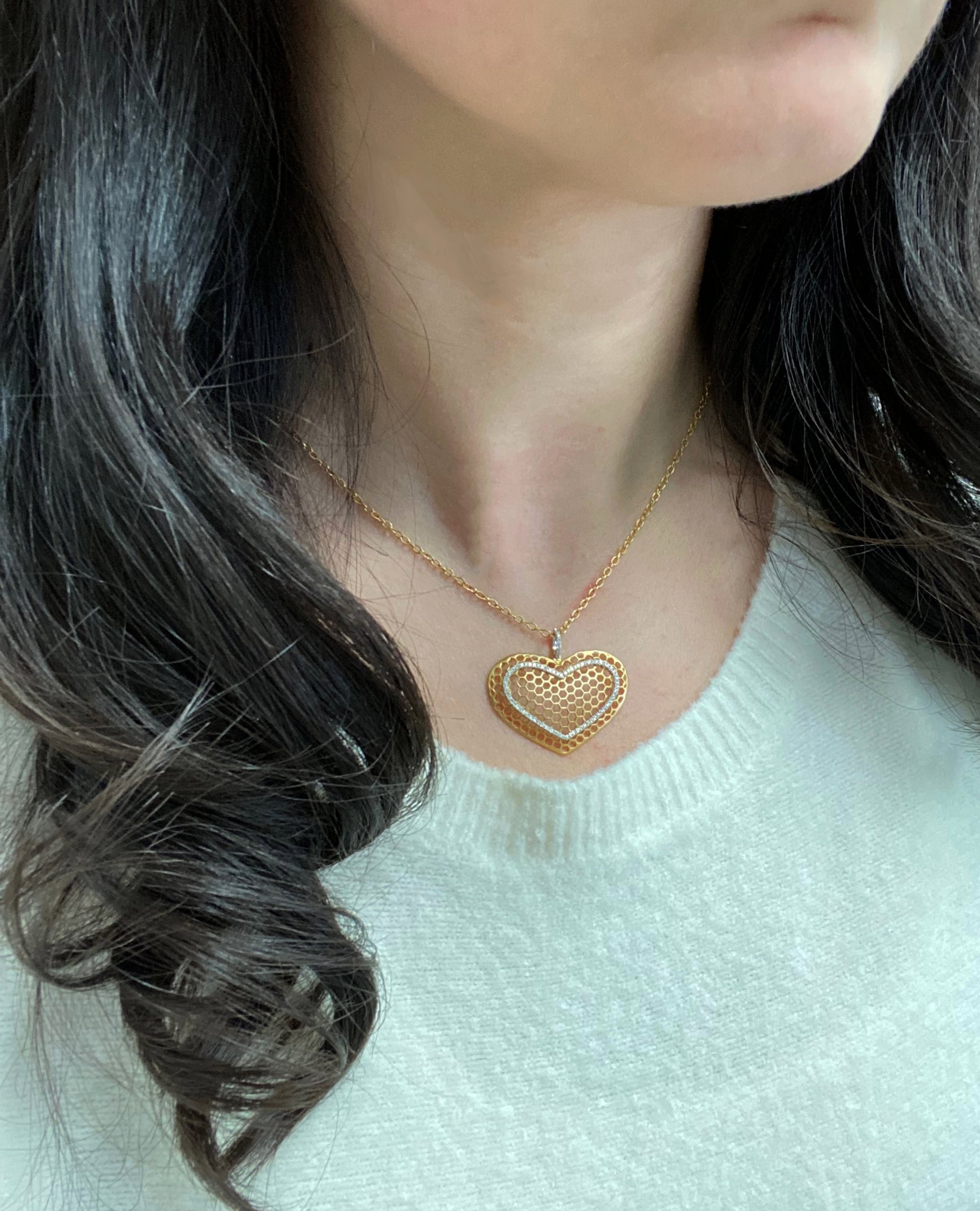 Honeycomb Heart Necklace with Matte Finish and Pave 0.30 Carats Diamonds in 18K Yellow