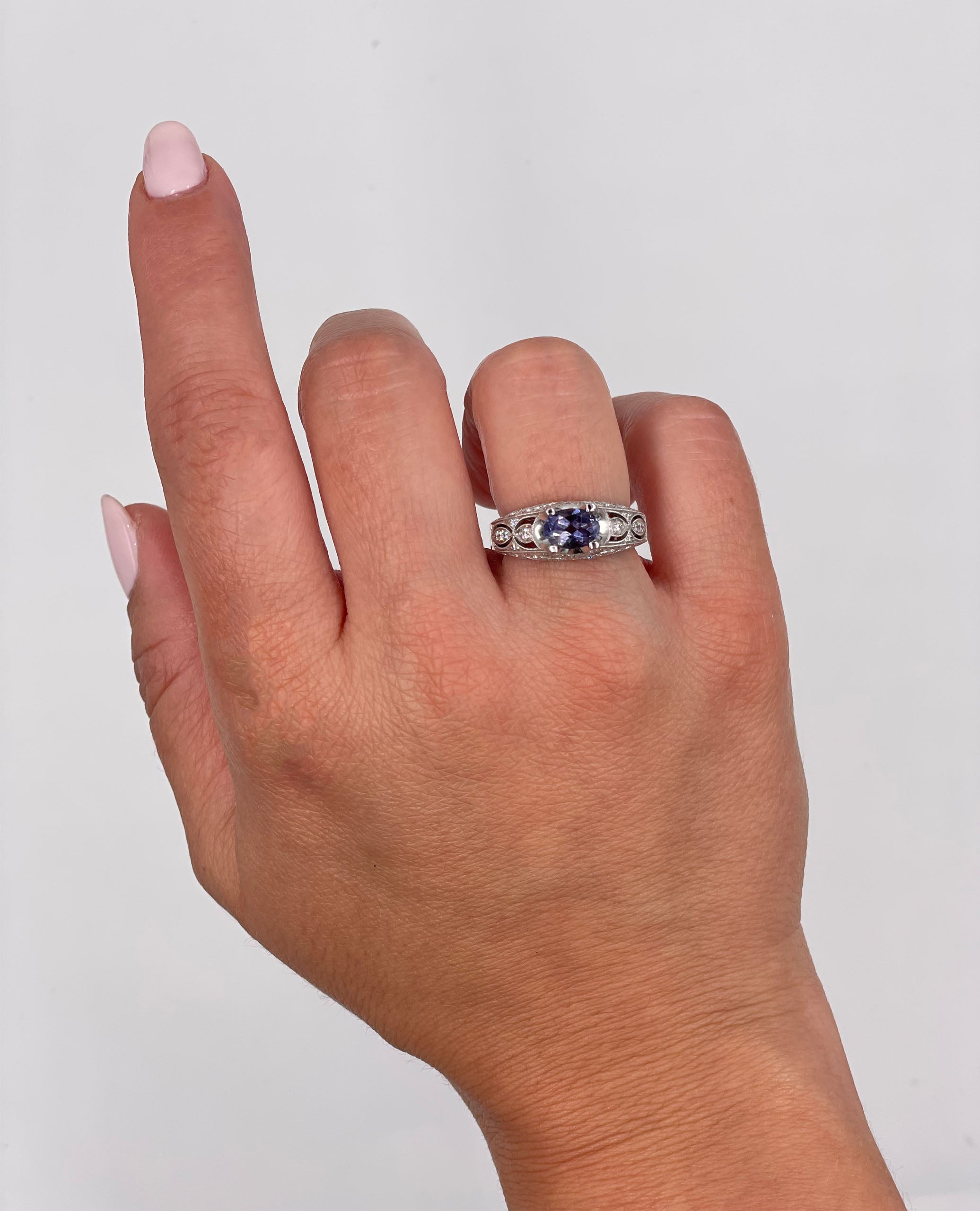 Zeghani ZR201 14K White Gold 0.41 Carat Diamond Ring with 7x5mm Oval Iolite