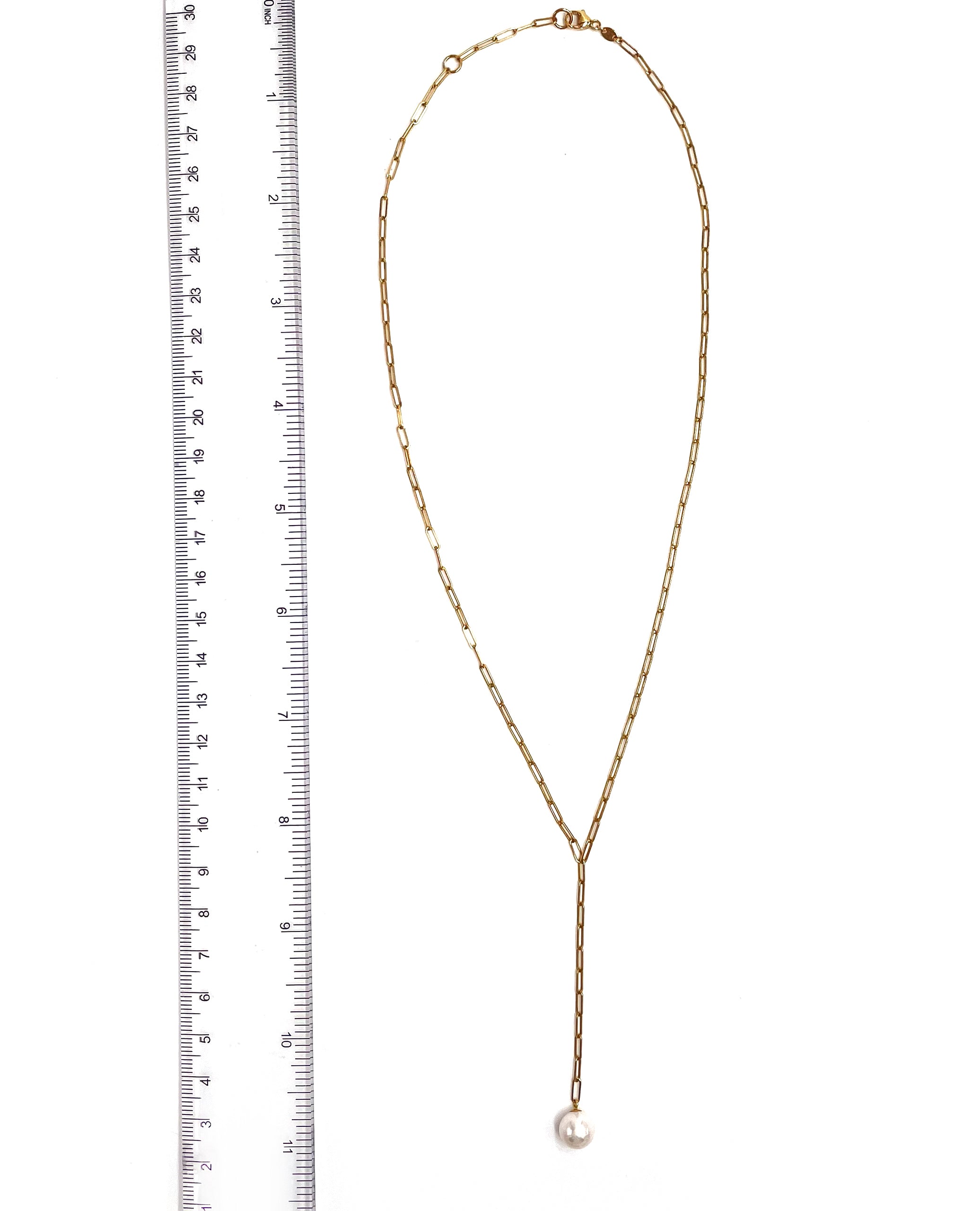 14K Yellow Gold Paperclip Lariat Necklace with Pearl