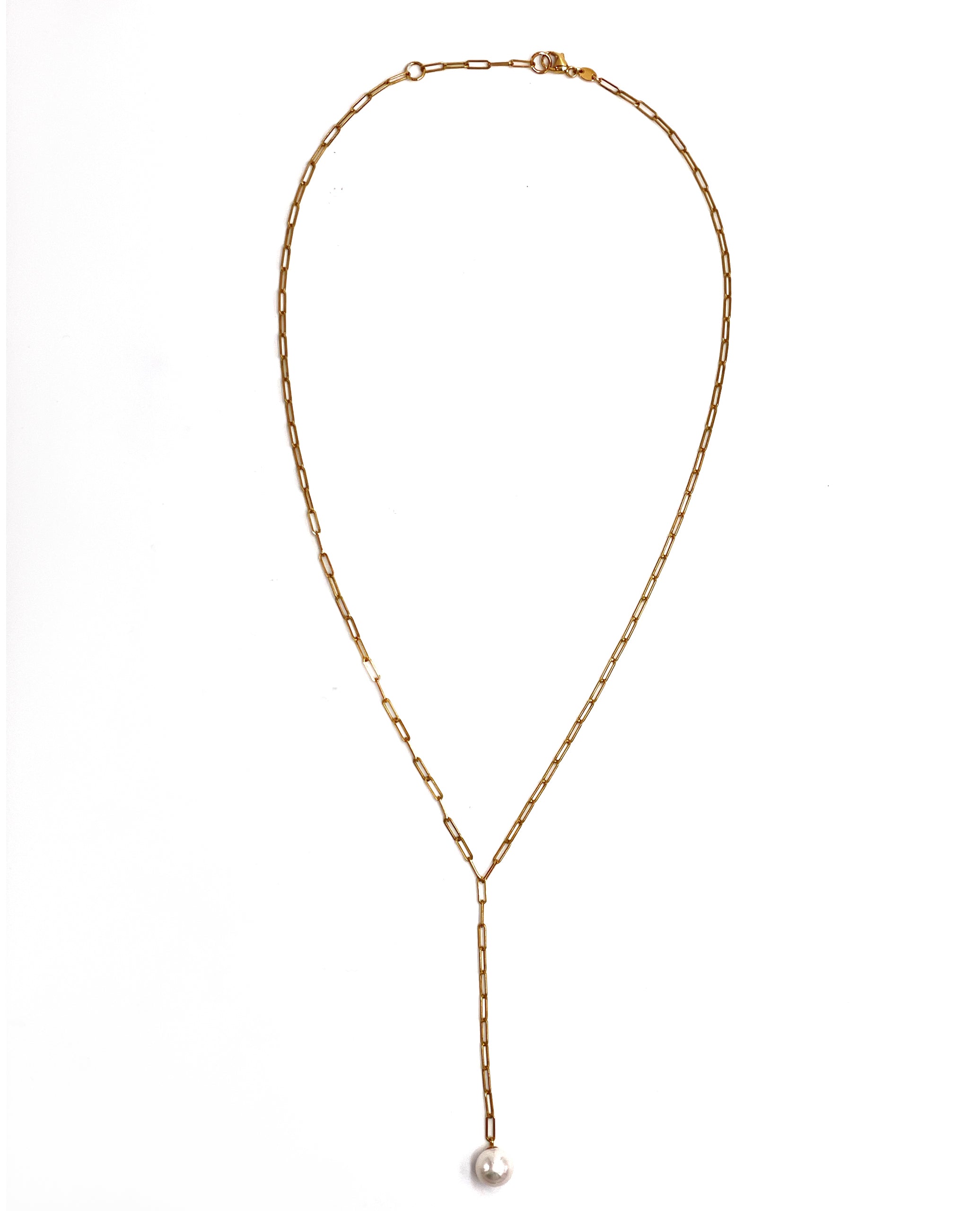 14K Yellow Gold Paperclip Lariat Necklace with Pearl