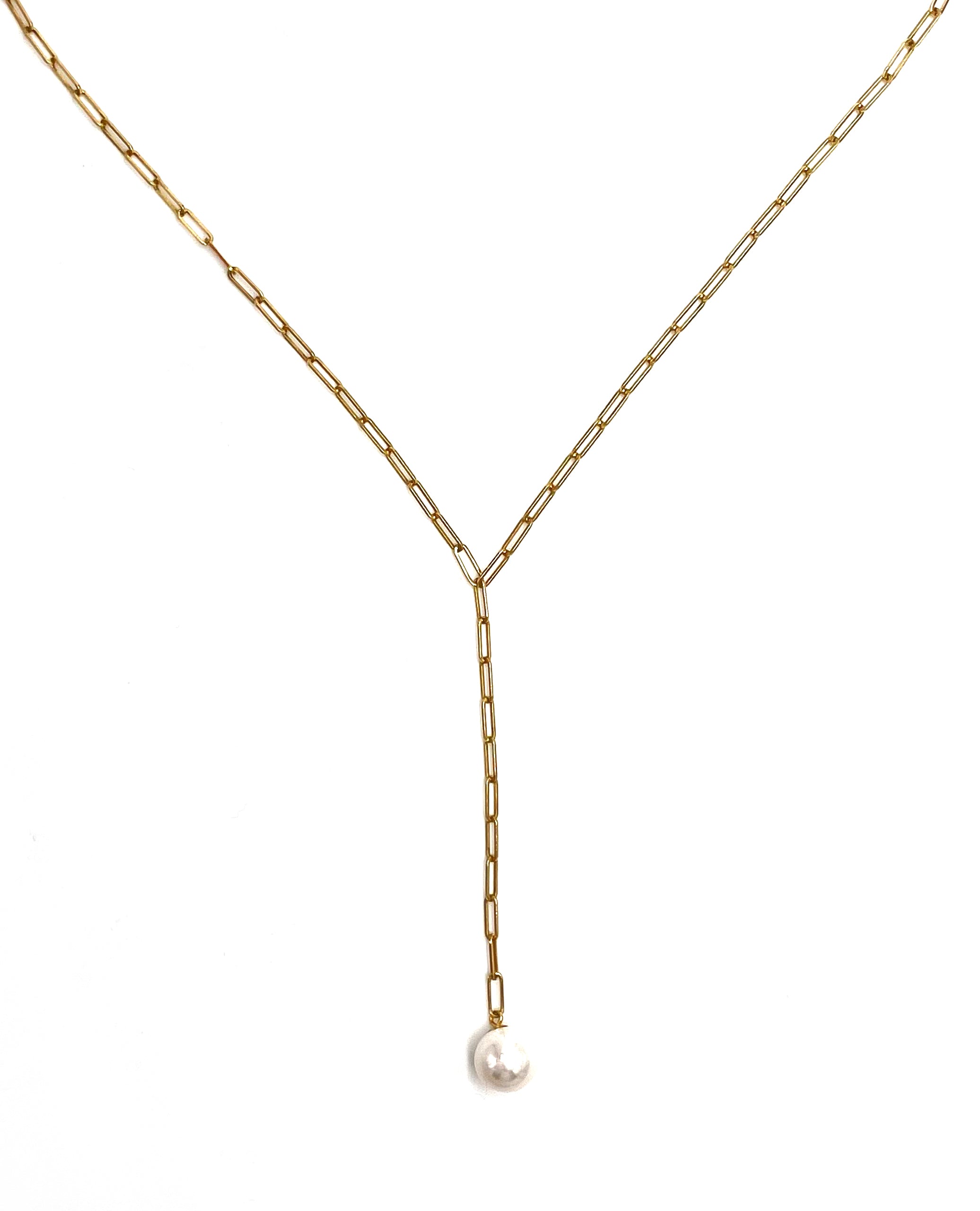 14K Yellow Gold Paperclip Lariat Necklace with Pearl