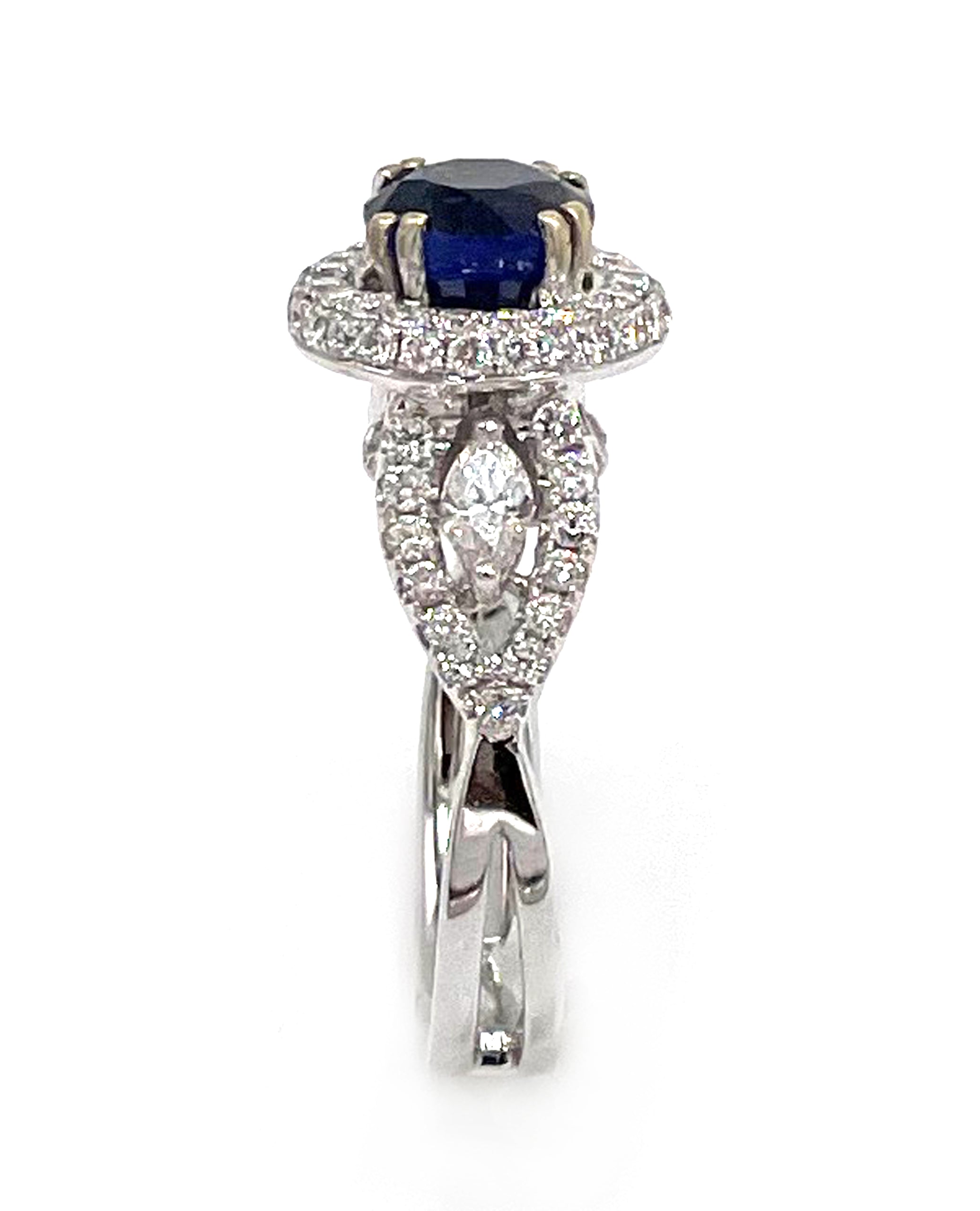 Vanna K 18K White Gold Halo Ring with Round Sapphire and Marquise Diamonds