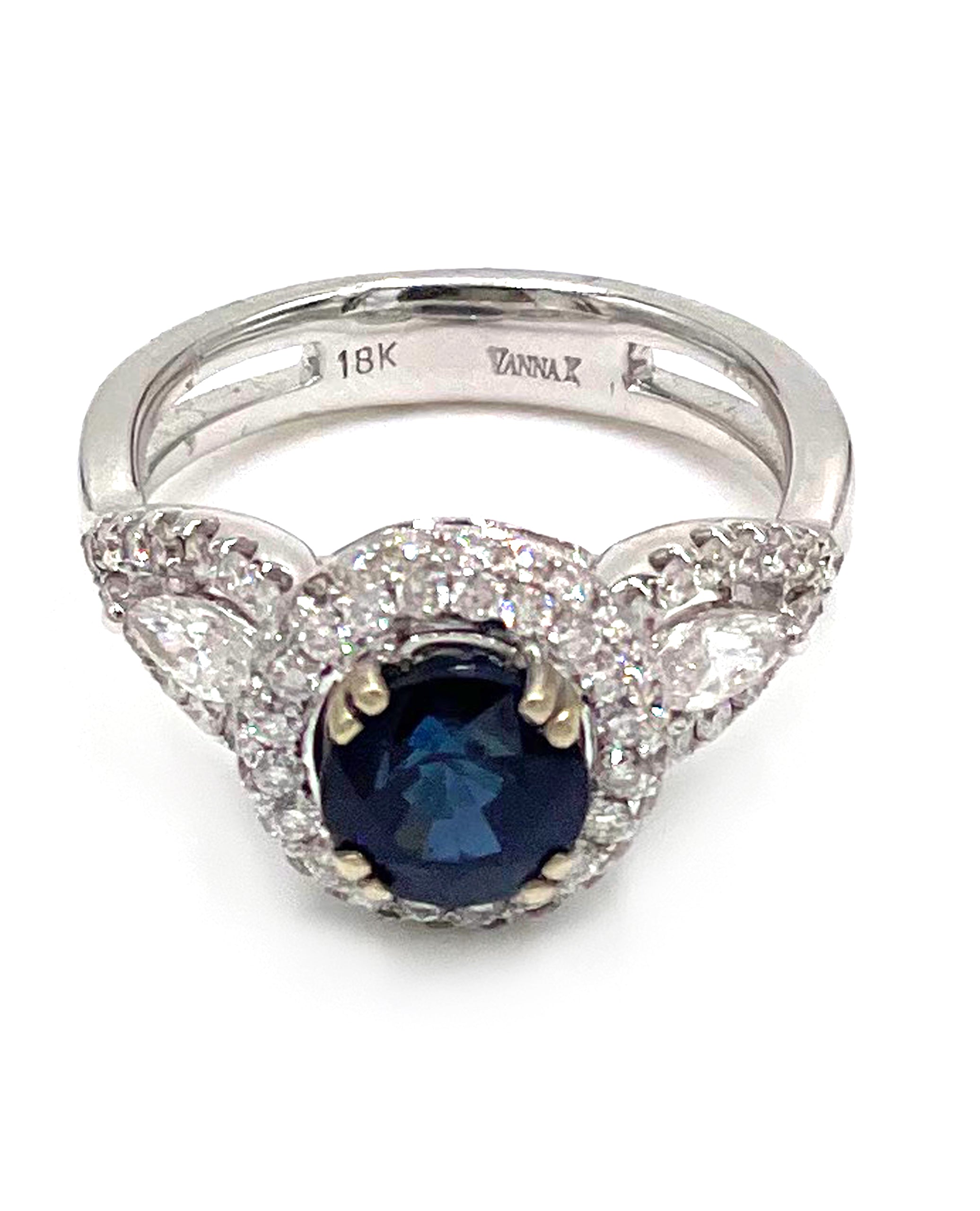 Vanna K 18K White Gold Halo Ring with Round Sapphire and Marquise Diamonds