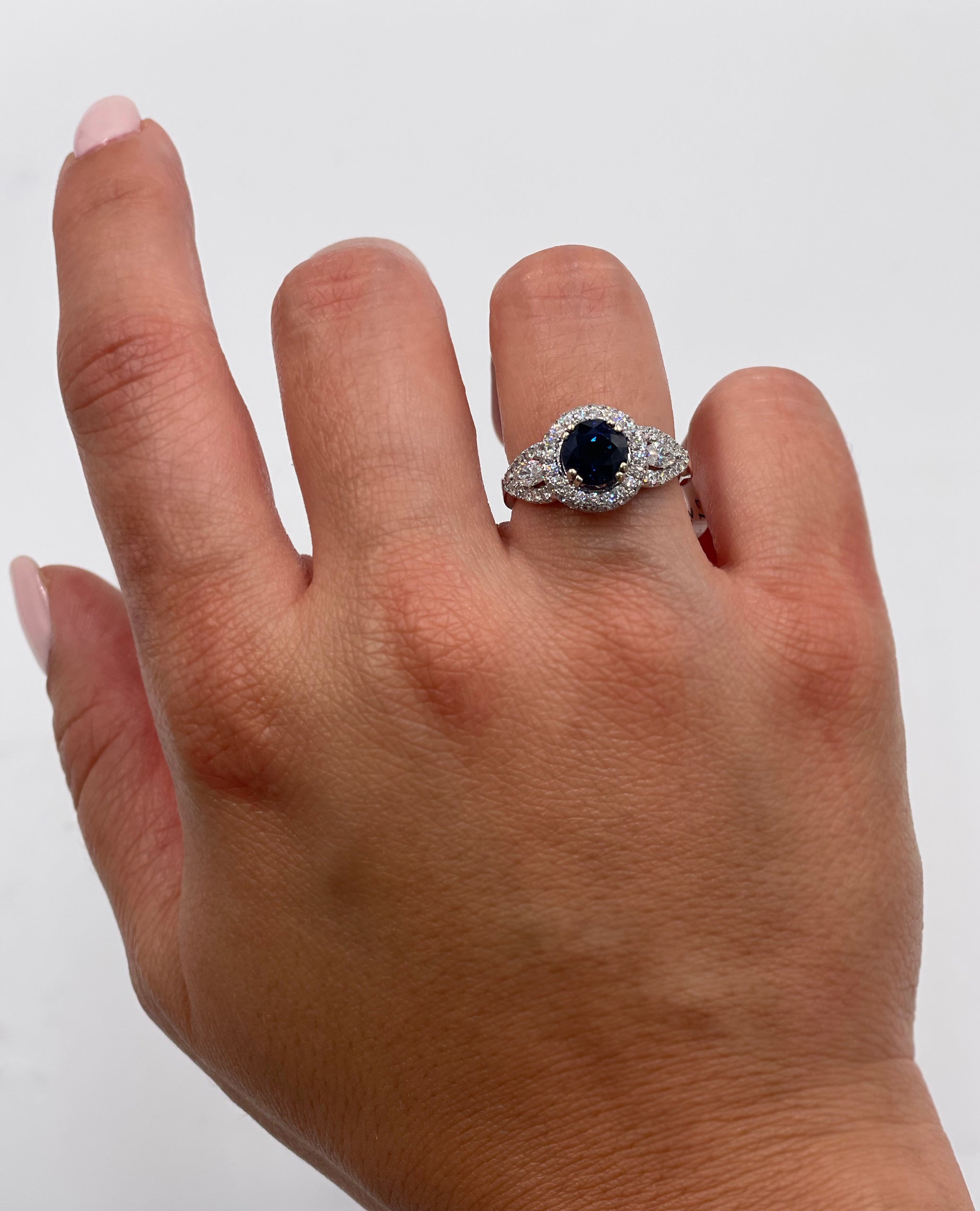 Vanna K 18K White Gold Halo Ring with Round Sapphire and Marquise Diamonds