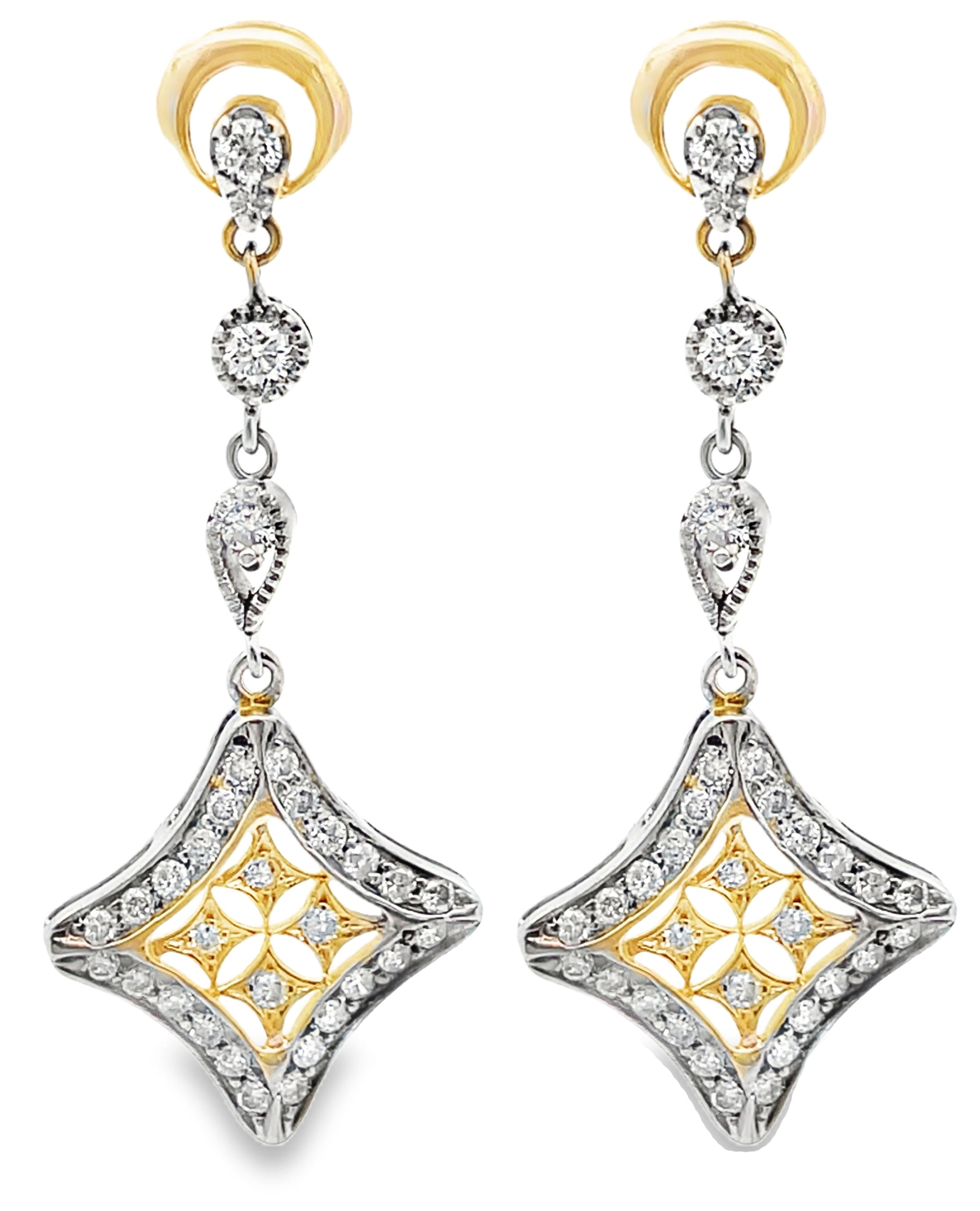 14k Yellow and White Gold Two Tone Diamond Shape Drop Earrings with 0.75 Carats Diamonds