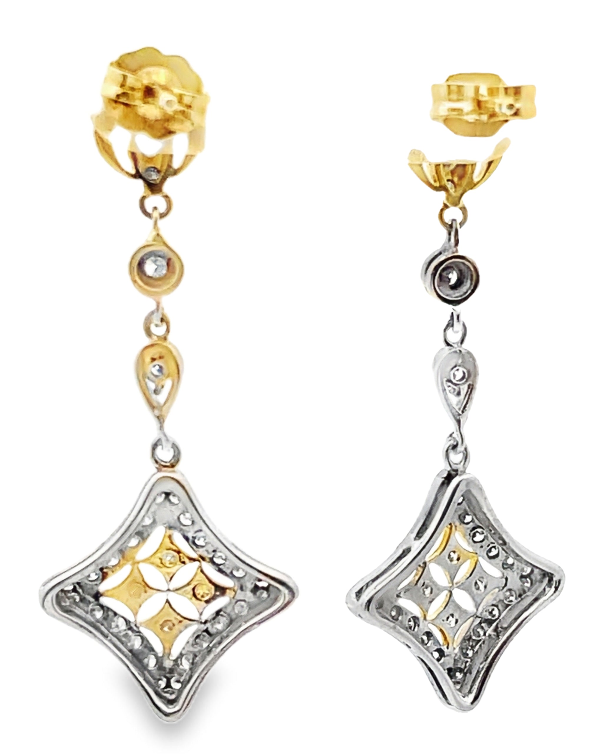 14k Yellow and White Gold Two Tone Diamond Shape Drop Earrings with 0.75 Carats Diamonds