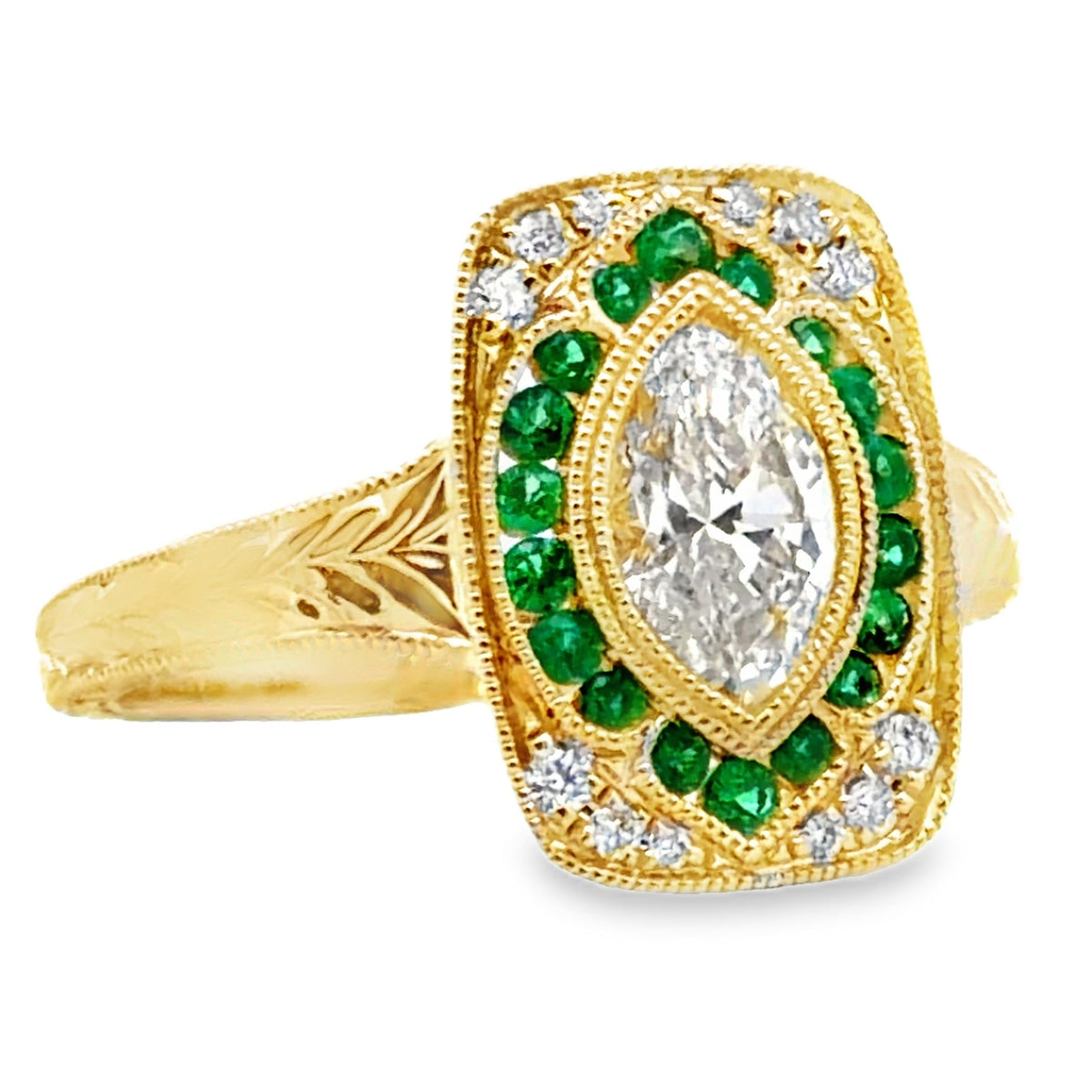 14K Yellow Gold Ring with 12 Round Diamonds 0.08 Carat, 20 Round Emeralds 0.23 Carat, One GIA Certified Marquise Center Diamond 0.82 Carat