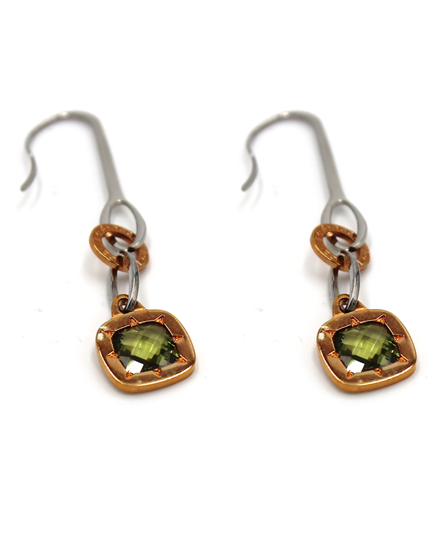 Rebecca Gioielli "Tropezienne" Pink Drop Dangling Earrings in Bronze with Green Stones and 18k Rose Gold Overlay