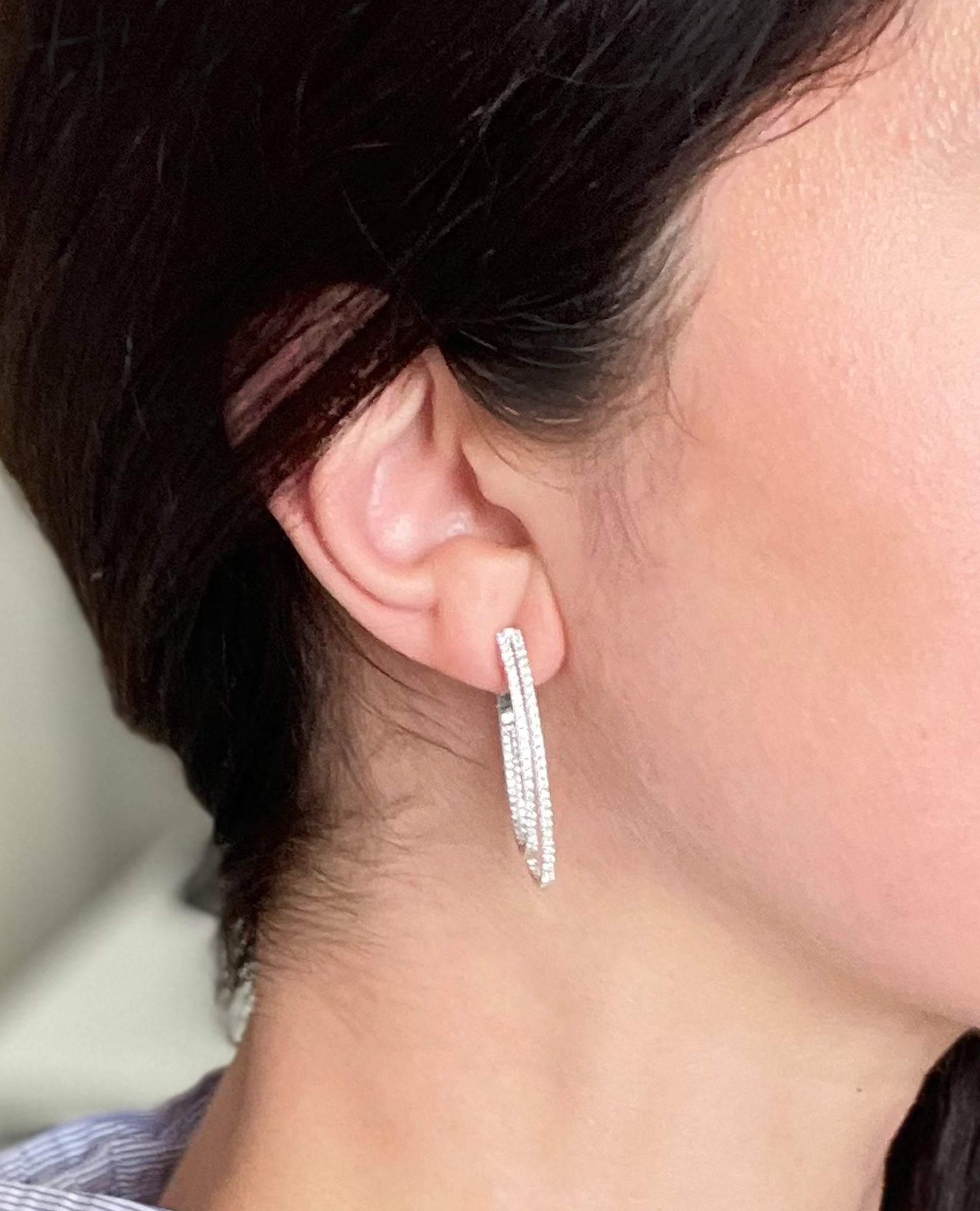 14K White Gold Double Hoop Diamond Drop Earrings