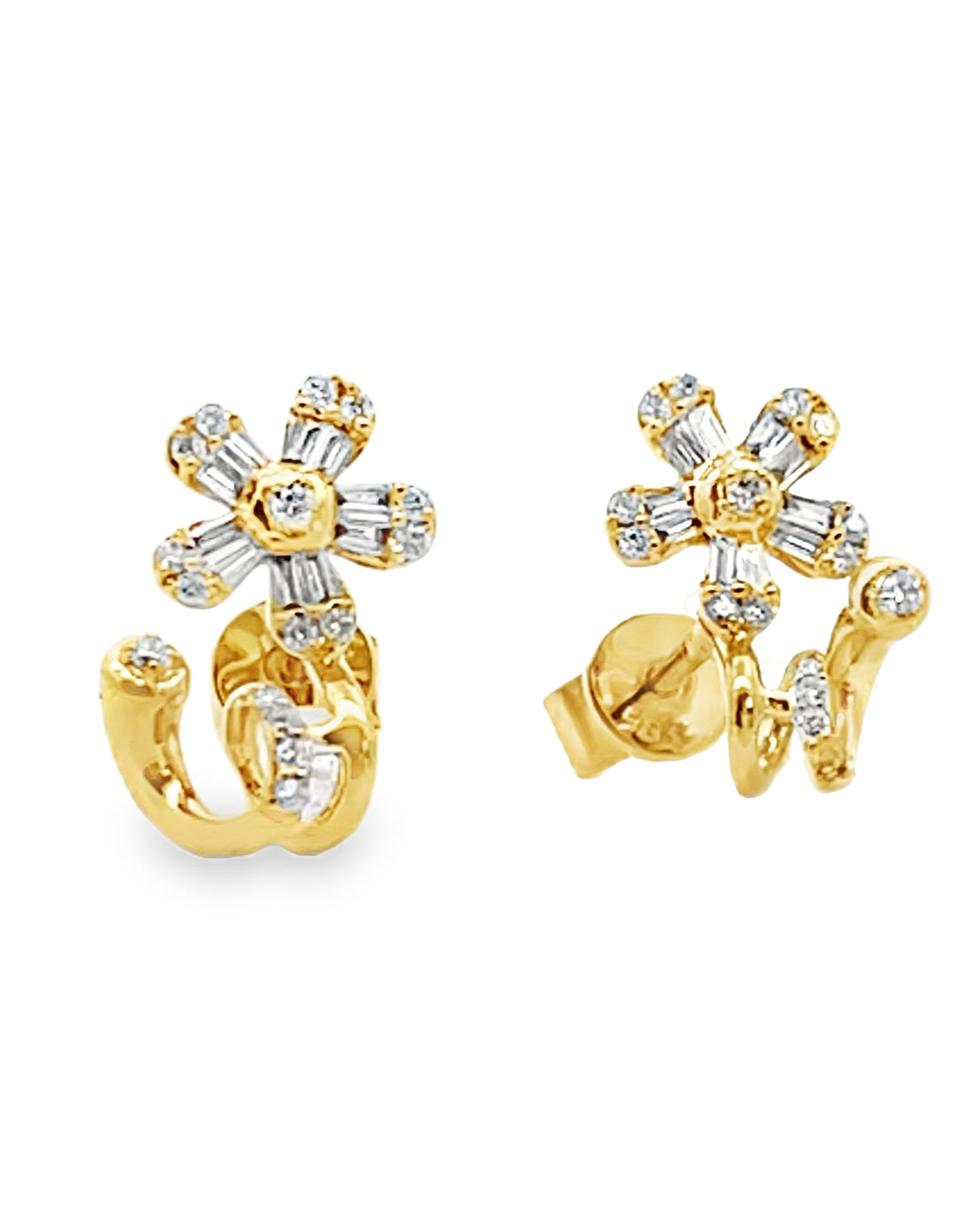 14K Yellow Gold Diamond Flower Earrings