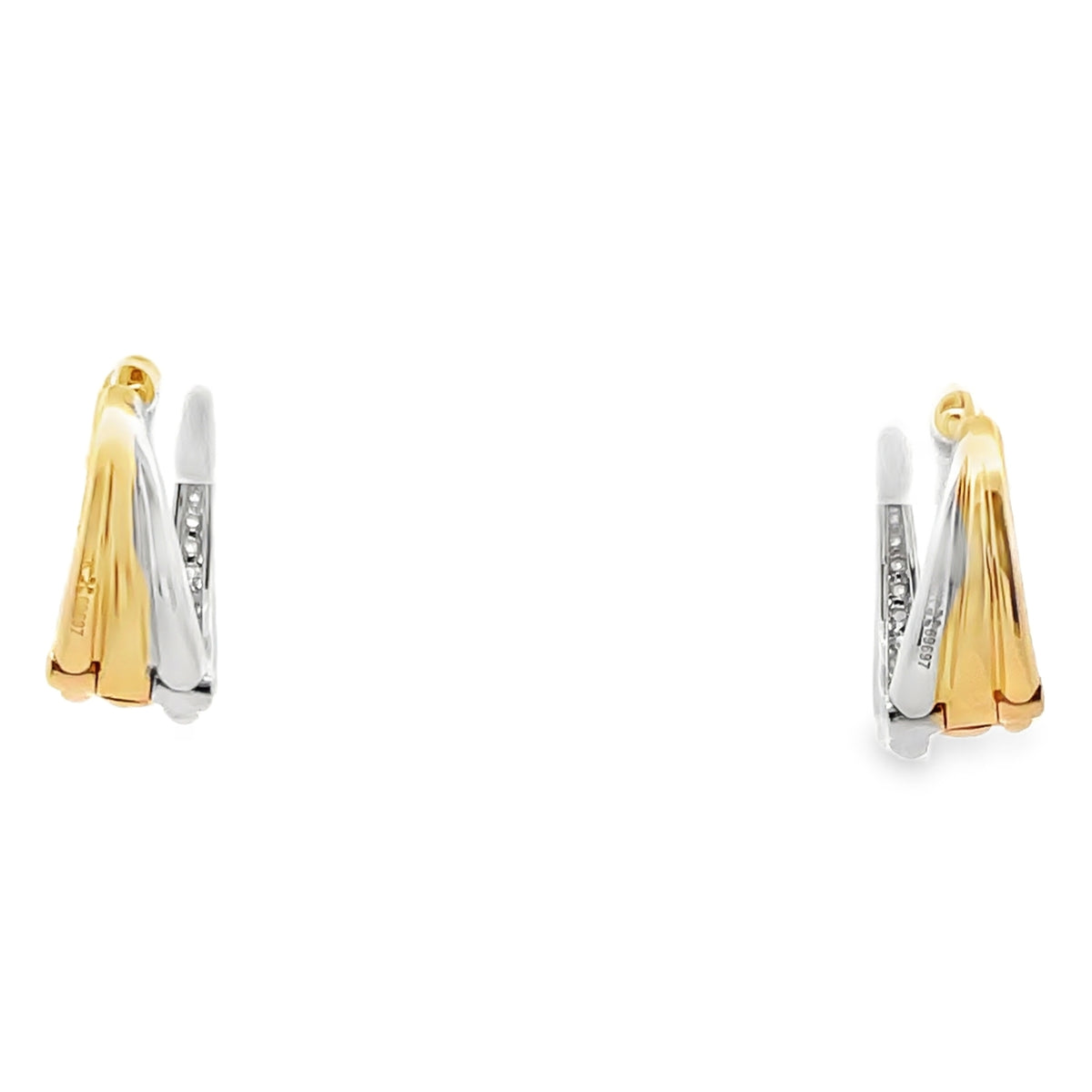 14K Yellow And White Two-Tone Gold Double Hoop Earrings With Round Diamonds Totaling 0.52 Carats, Hinged Snap Back Closures