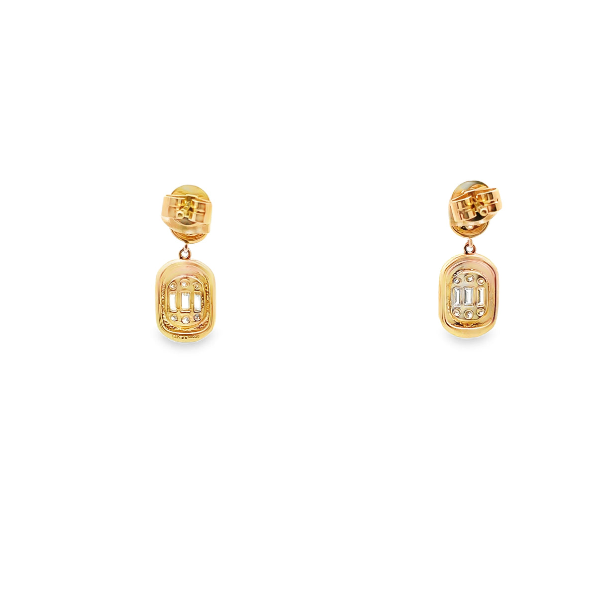 14K Yellow Gold Drop Earrings With Posts, Pushback Closures, Round Diamonds Totaling 0.25 Carats And Baguette Diamonds Totaling 0.40 Carats