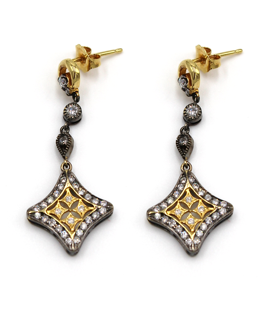 Two Tone Diamond Shape Drop Earrings with 0.75 Carats Diamonds
