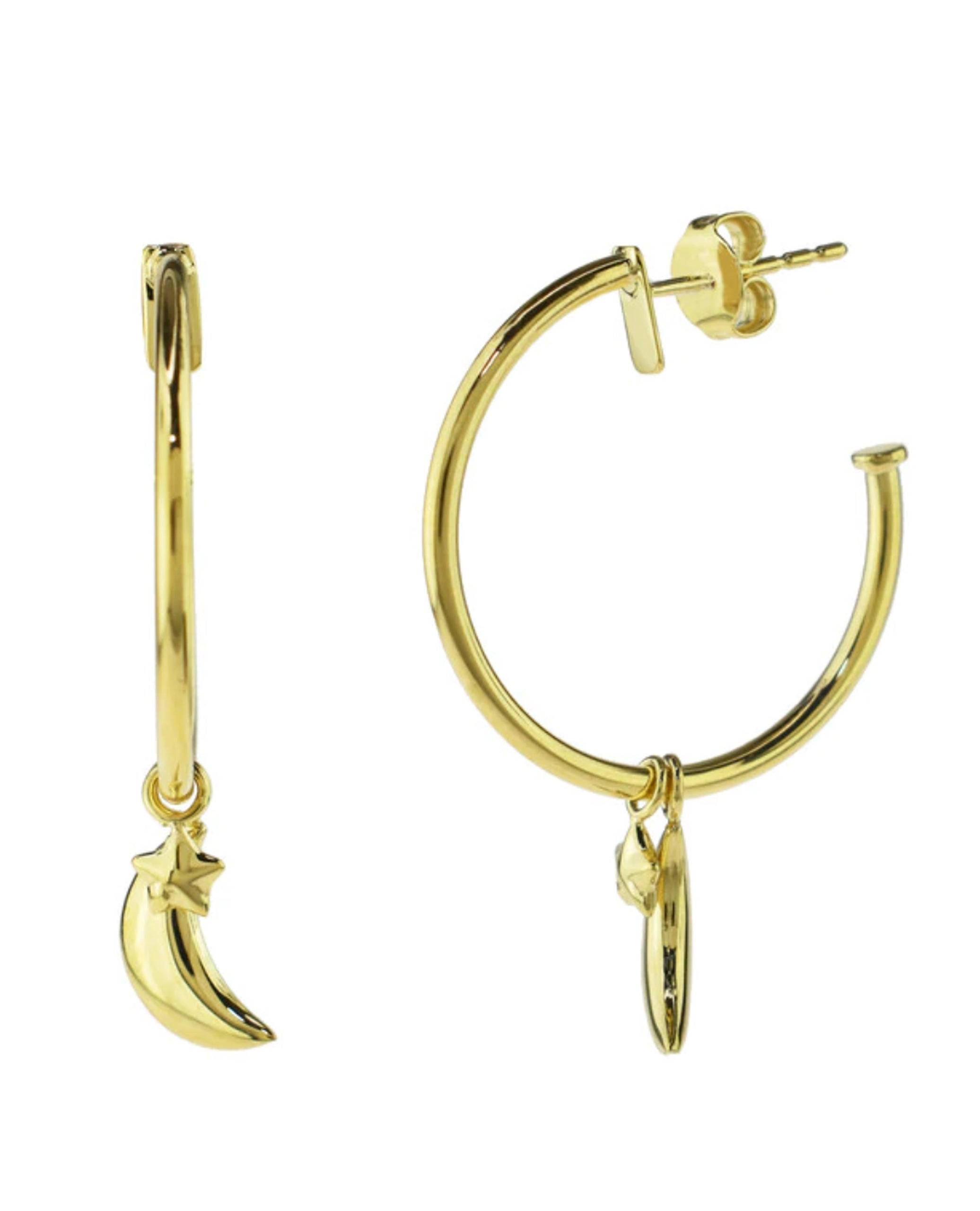 14K Yellow Gold Hoop Moon and Star Earrings