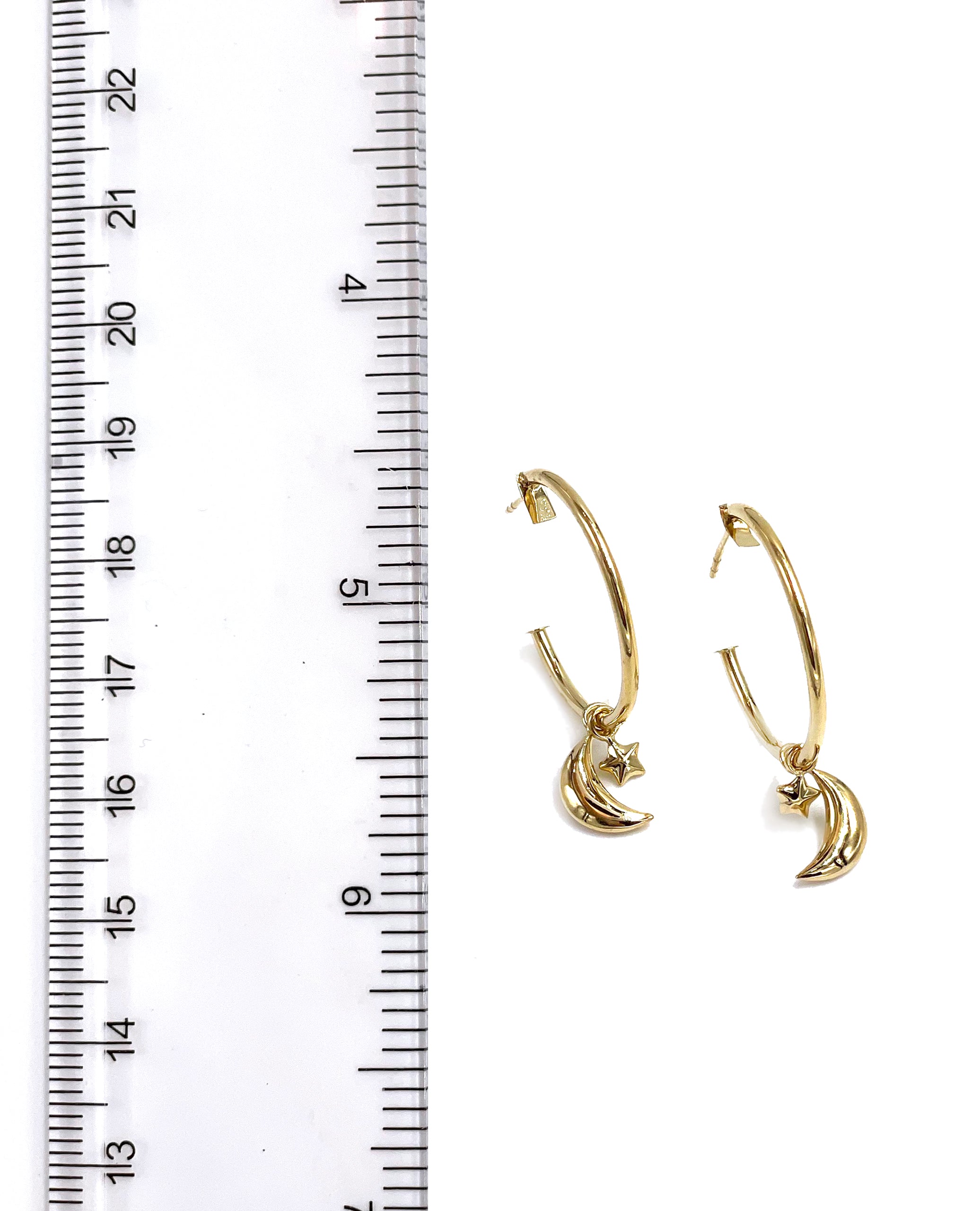 14K Yellow Gold Hoop Moon and Star Earrings
