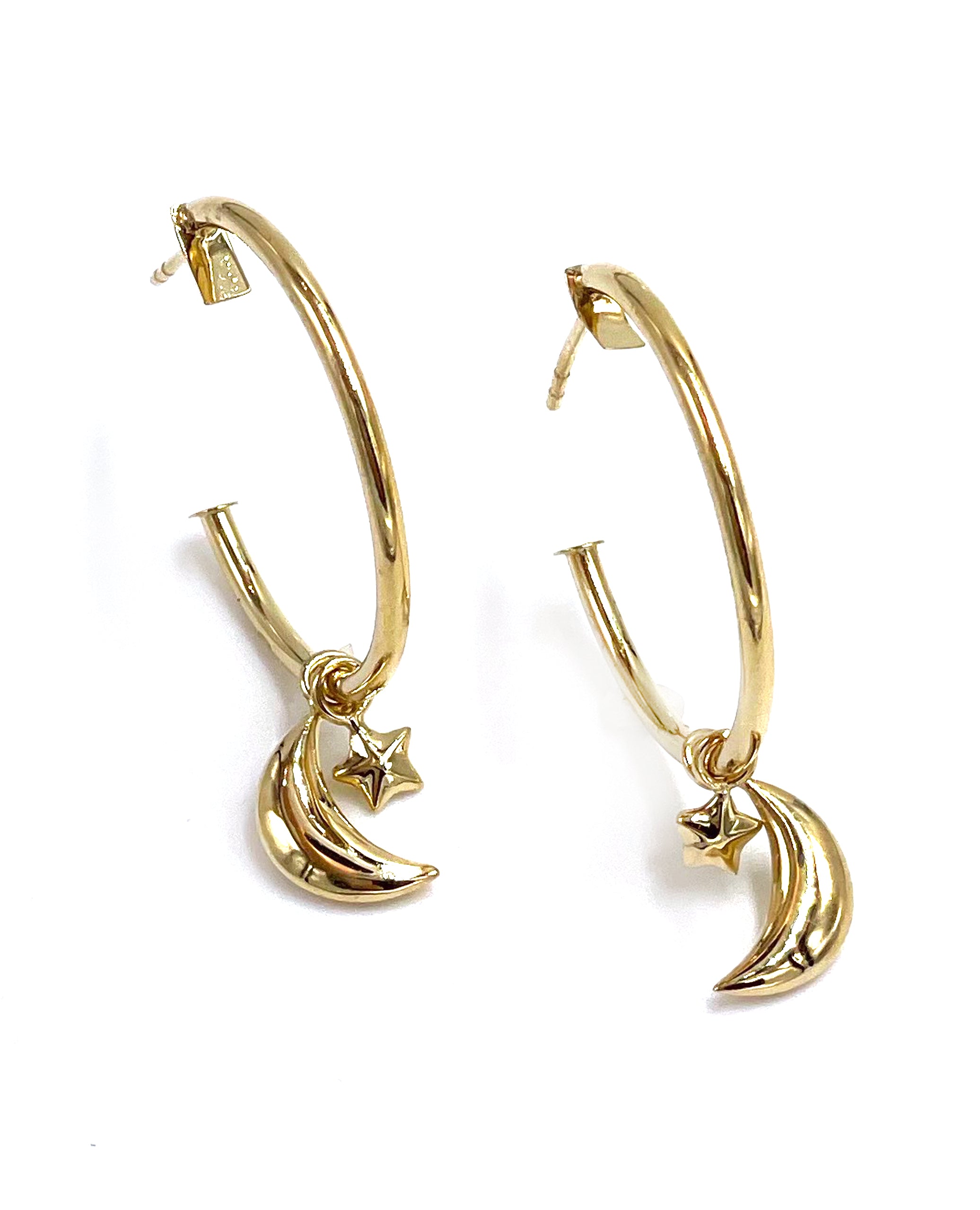 14K Yellow Gold Hoop Moon and Star Earrings