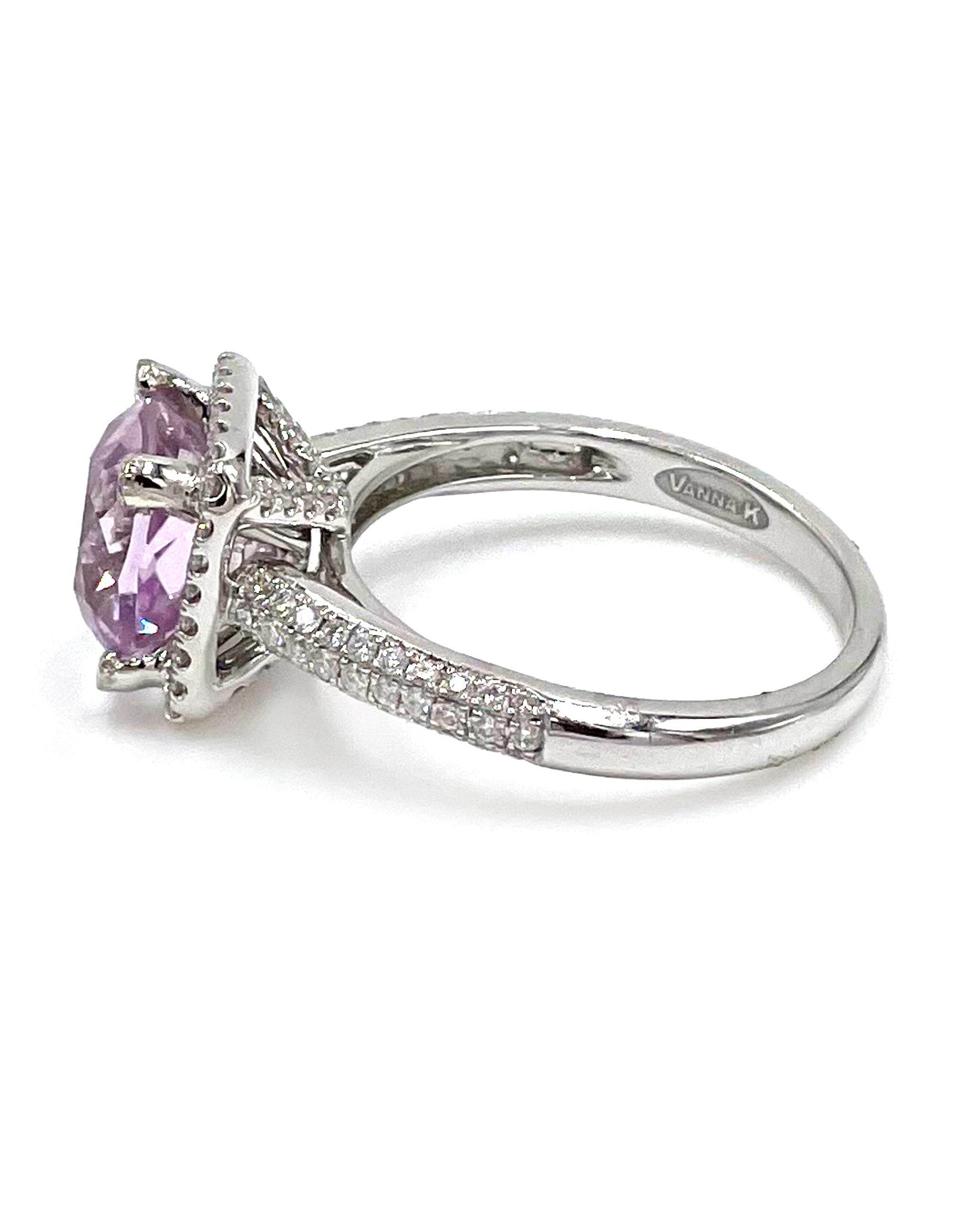 Vanna K 18K White Gold Diamond Halo Ring with Center Cushion Shaped Kunzite