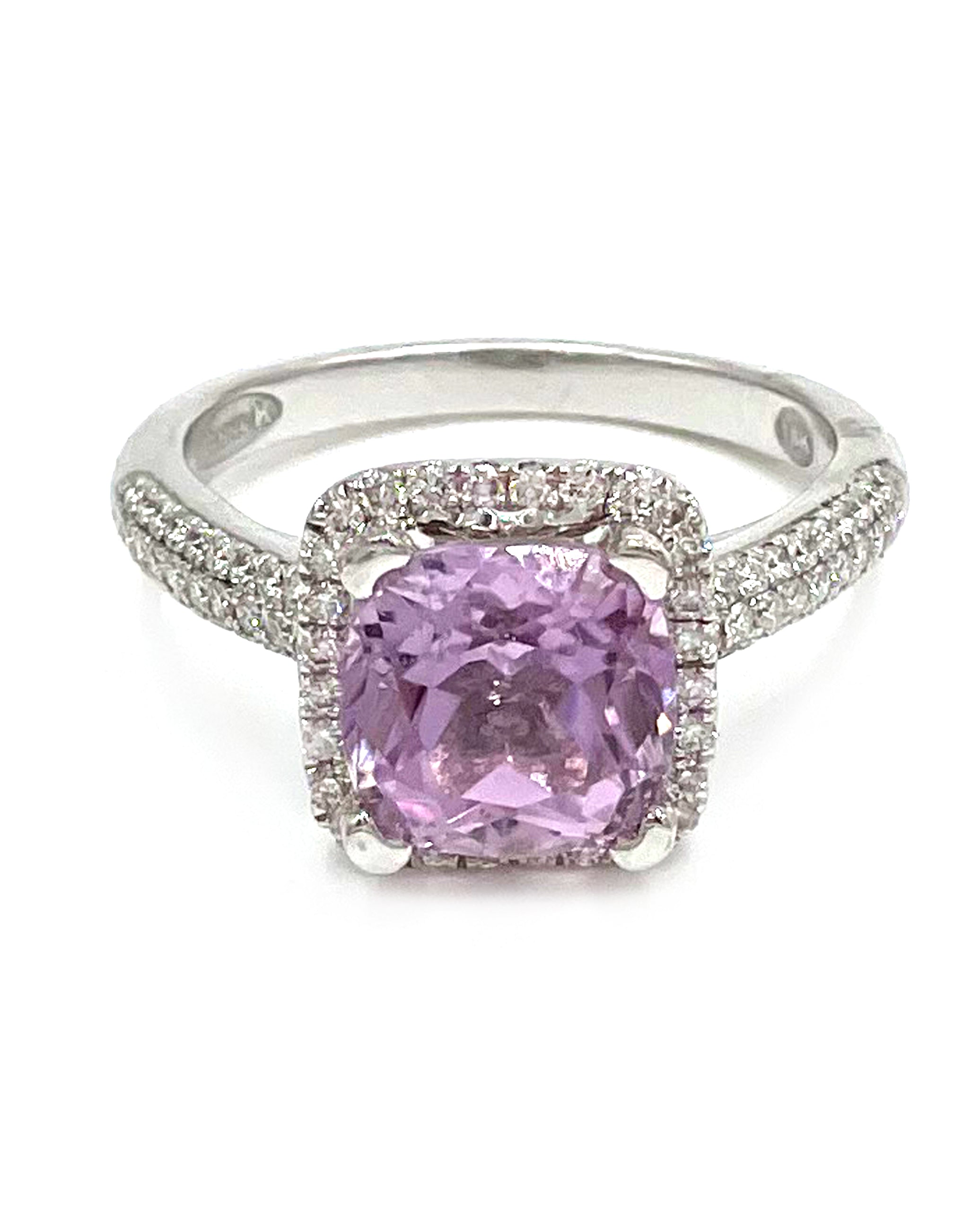 Vanna K 18K White Gold Diamond Halo Ring with Center Cushion Shaped Kunzite