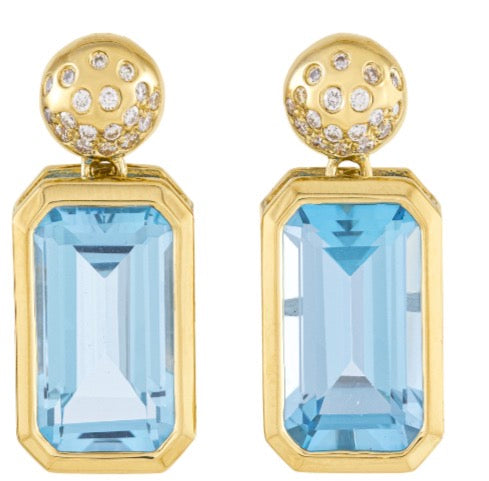 14K Yellow Gold Rectangular Earrings With Two Blue Topazes Totaling 9.84 Carats And Round Diamonds Totaling 0.22 Carats