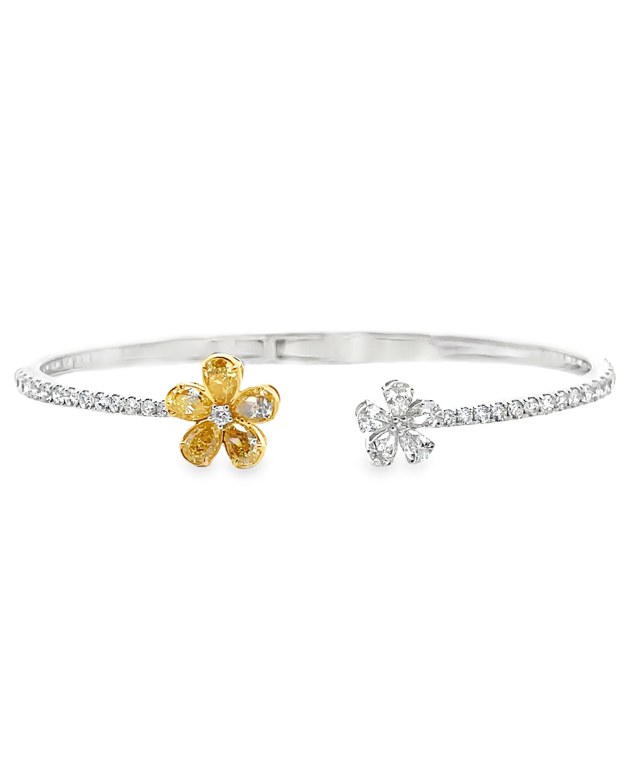 18K White Gold Hinged Bangle Bracelet with Double Flower Bypass Motif, Yellow Diamonds 1.07 Carats and White Diamonds 2.14 Carats