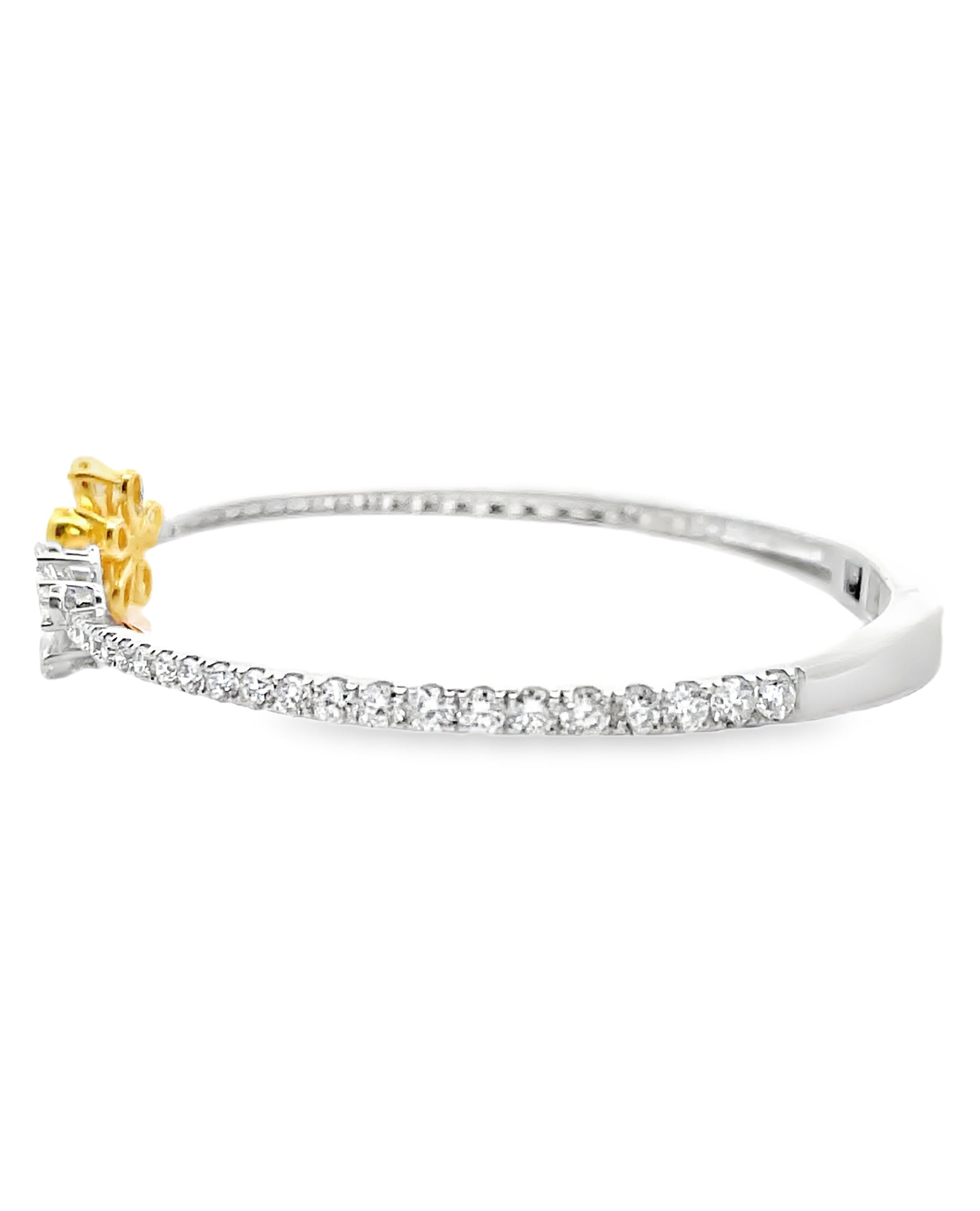 18K White Gold Yellow & White Diamond Double Flower Hinged Cuff Bangle Bracelet