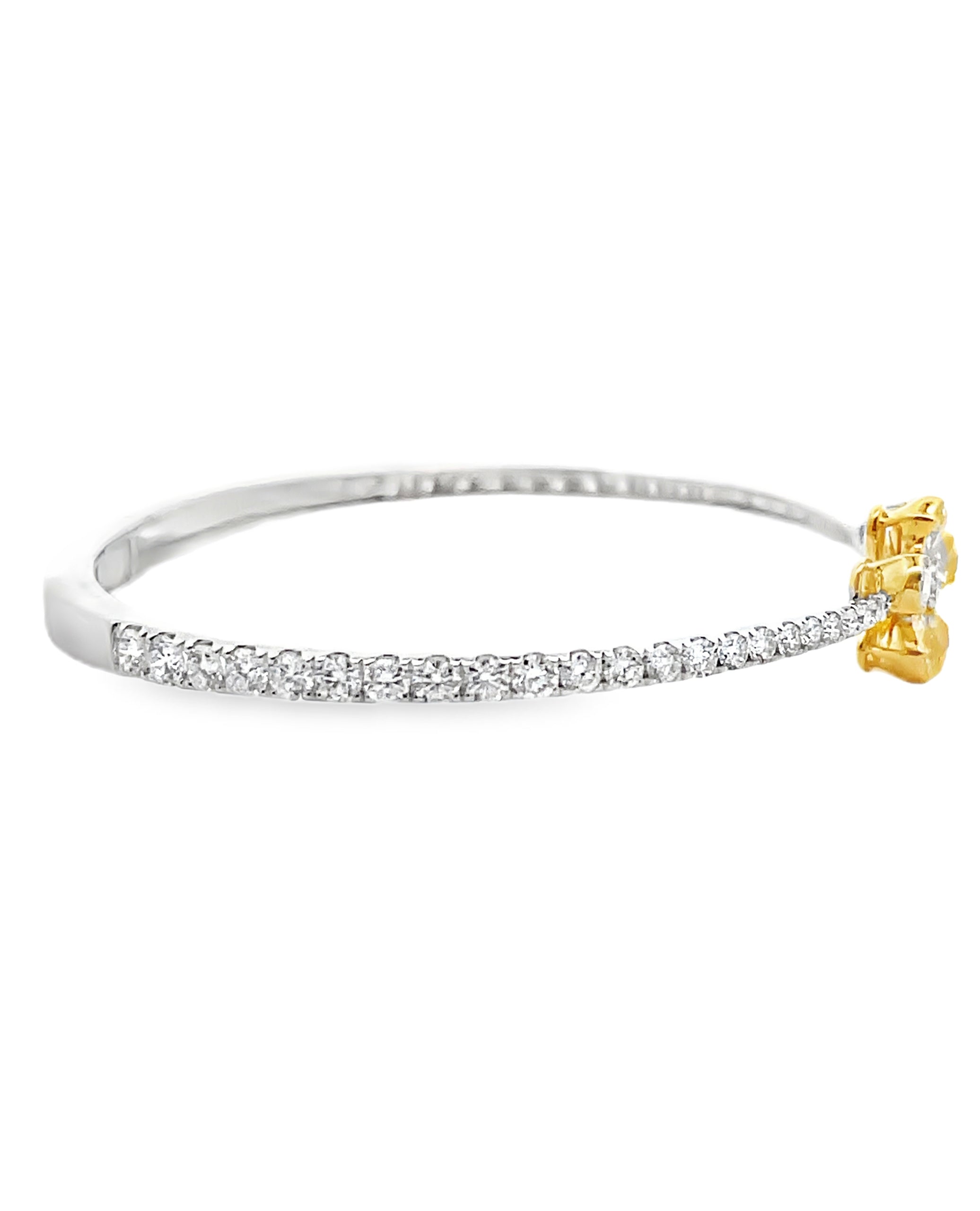 18K White Gold Yellow & White Diamond Double Flower Hinged Cuff Bangle Bracelet