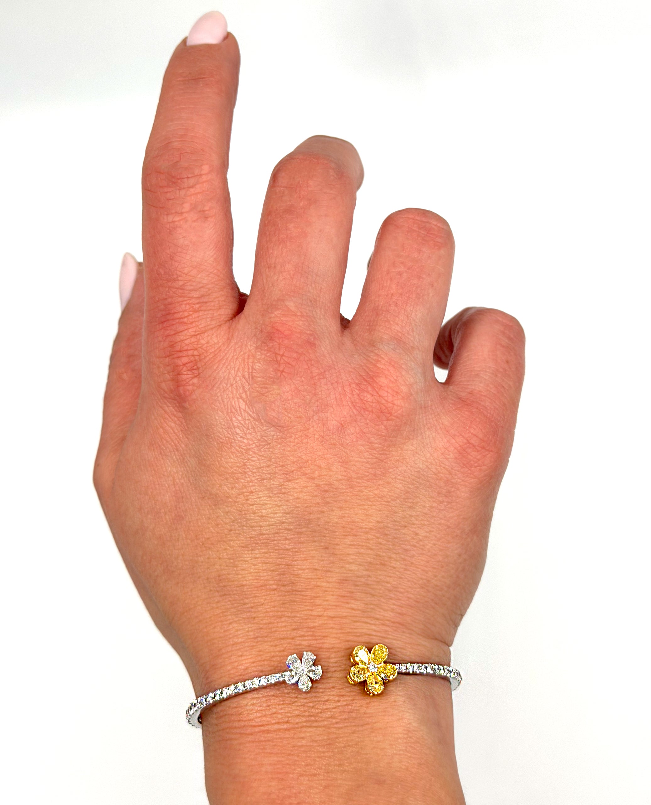 18K White Gold Yellow & White Diamond Double Flower Hinged Cuff Bangle Bracelet