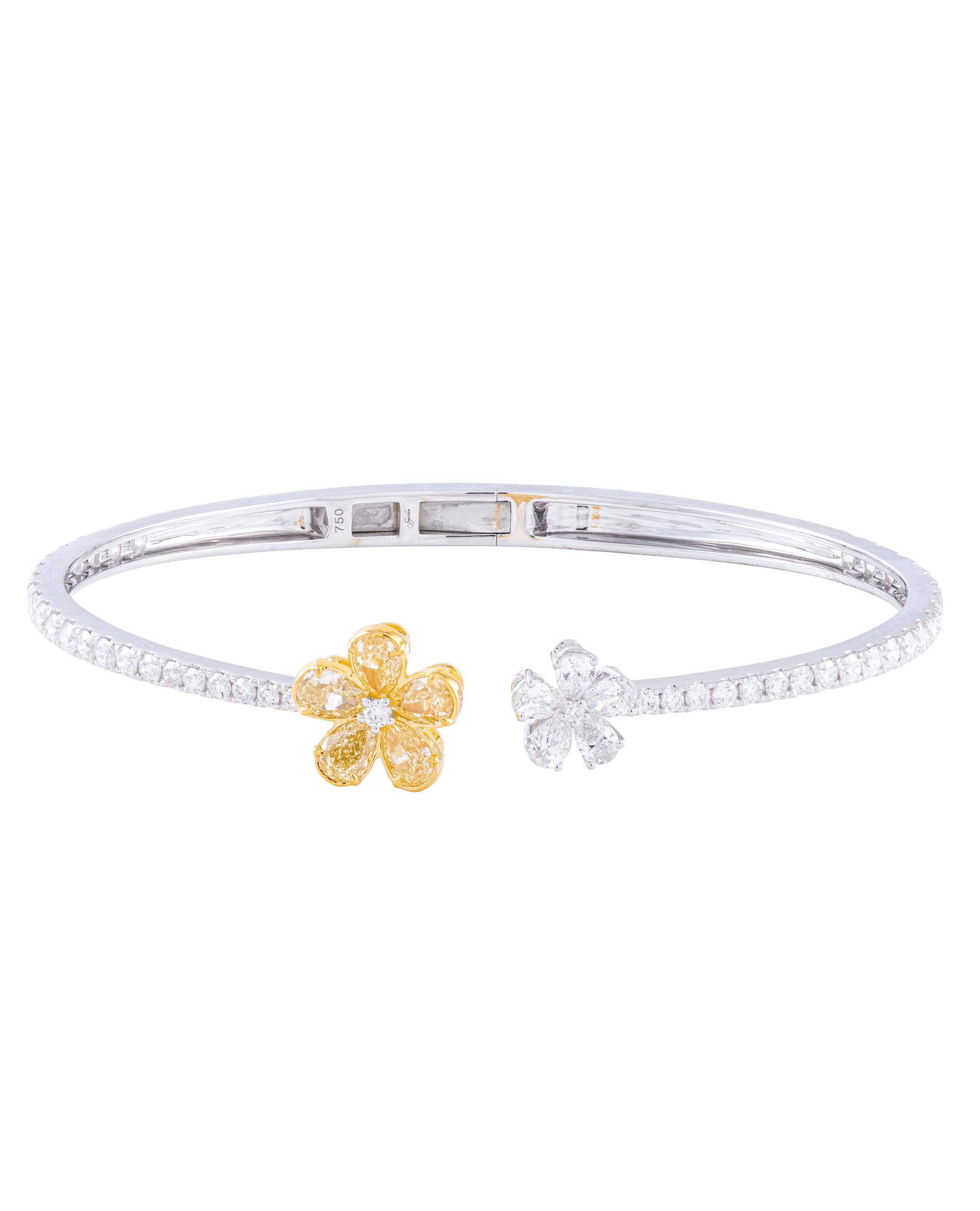18K White Gold Hinged Bangle Bracelet with Double Flower Bypass Motif, Yellow Diamonds 1.07 Carats and White Diamonds 2.14 Carats
