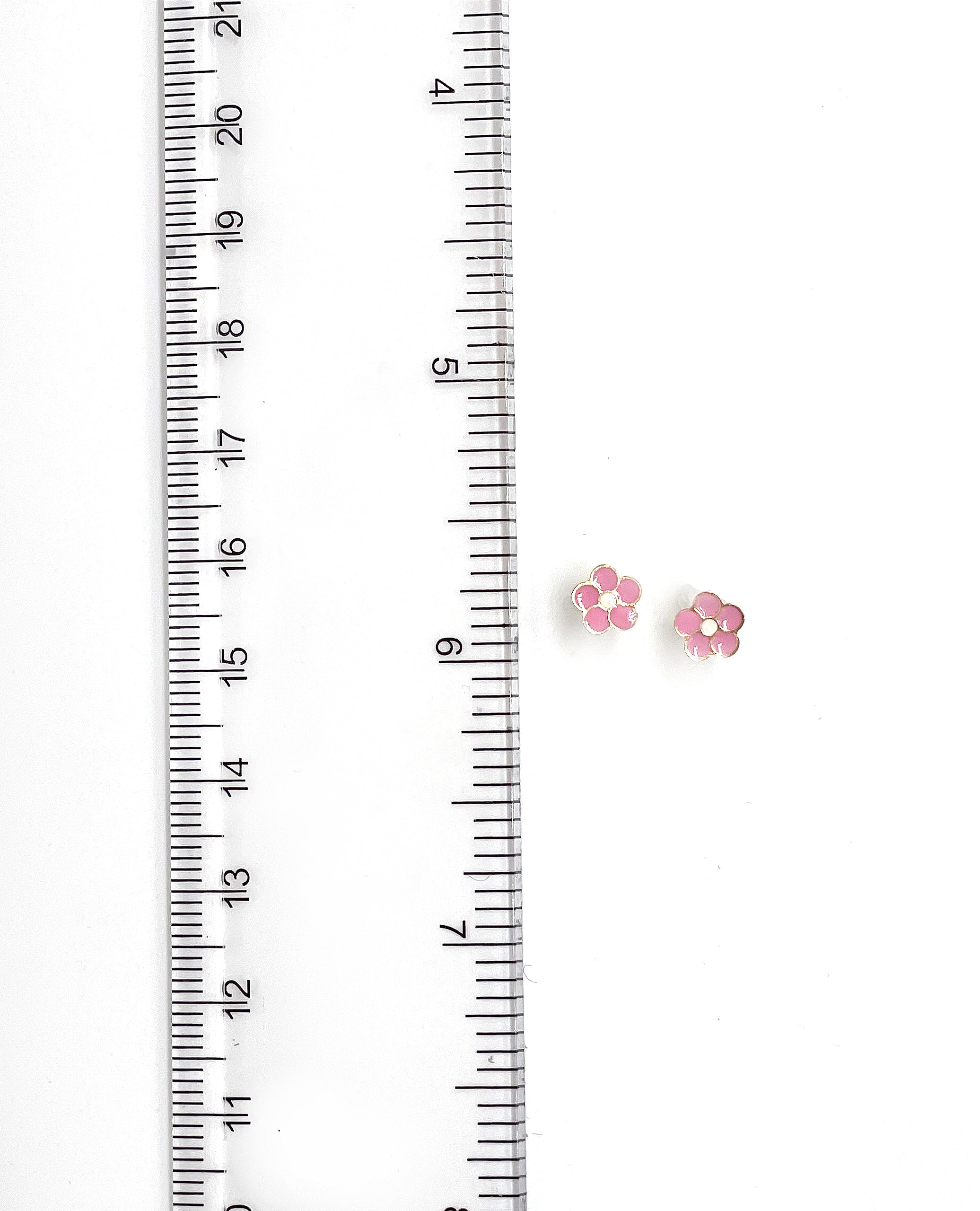 18K Yellow Gold Small Pink Flower Screwback Earrings