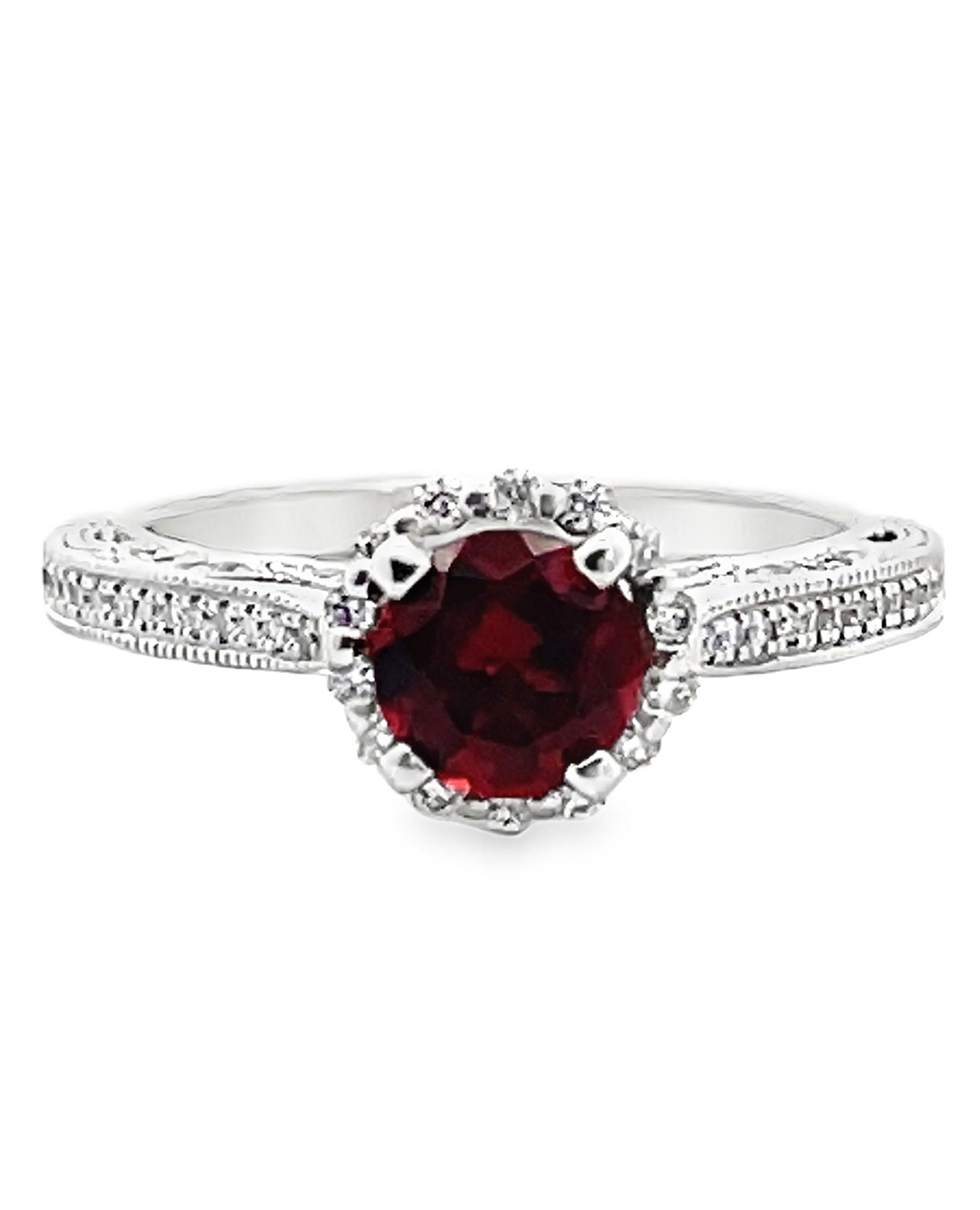 Scott Kay 14K White Gold Ring with Round Garnet 6mm & Diamonds 0.26 Carat